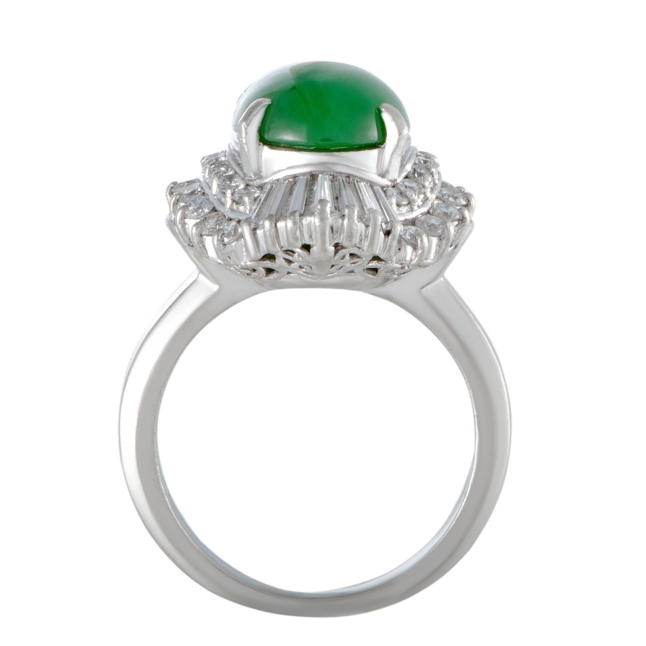 A plethora of endearingly resplendent diamonds beautifully accentuates the stunning green jade in this fabulous ring that is expertly crafted from luxurious platinum. The diamonds weigh in total 0.88 carats, while the jade weighs 3.79 carats.
Ring