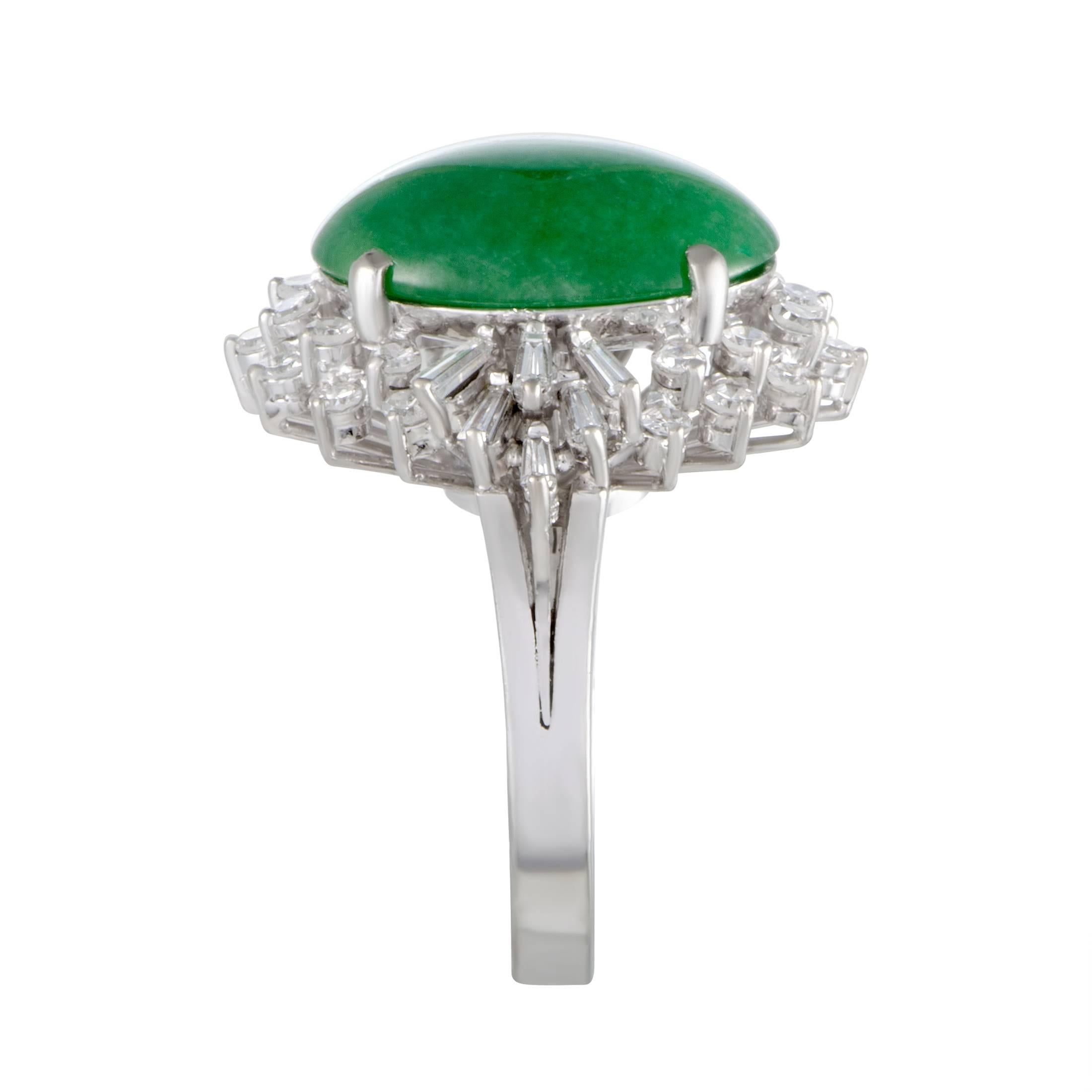 Oval Cut Green Jade and Diamond Platinum Cocktail Ring