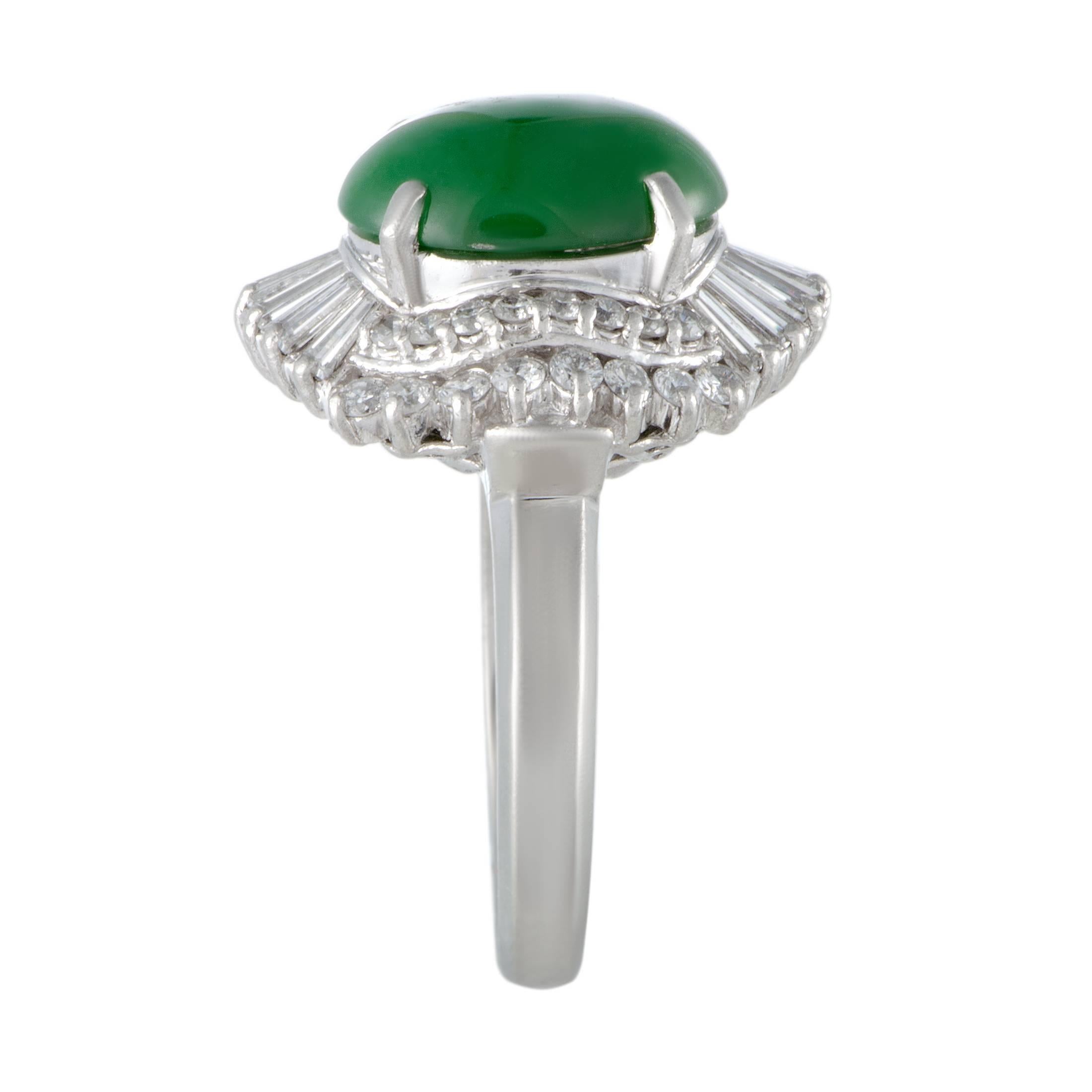 Oval Cut Green Jade and Diamond Platinum Cocktail Ring