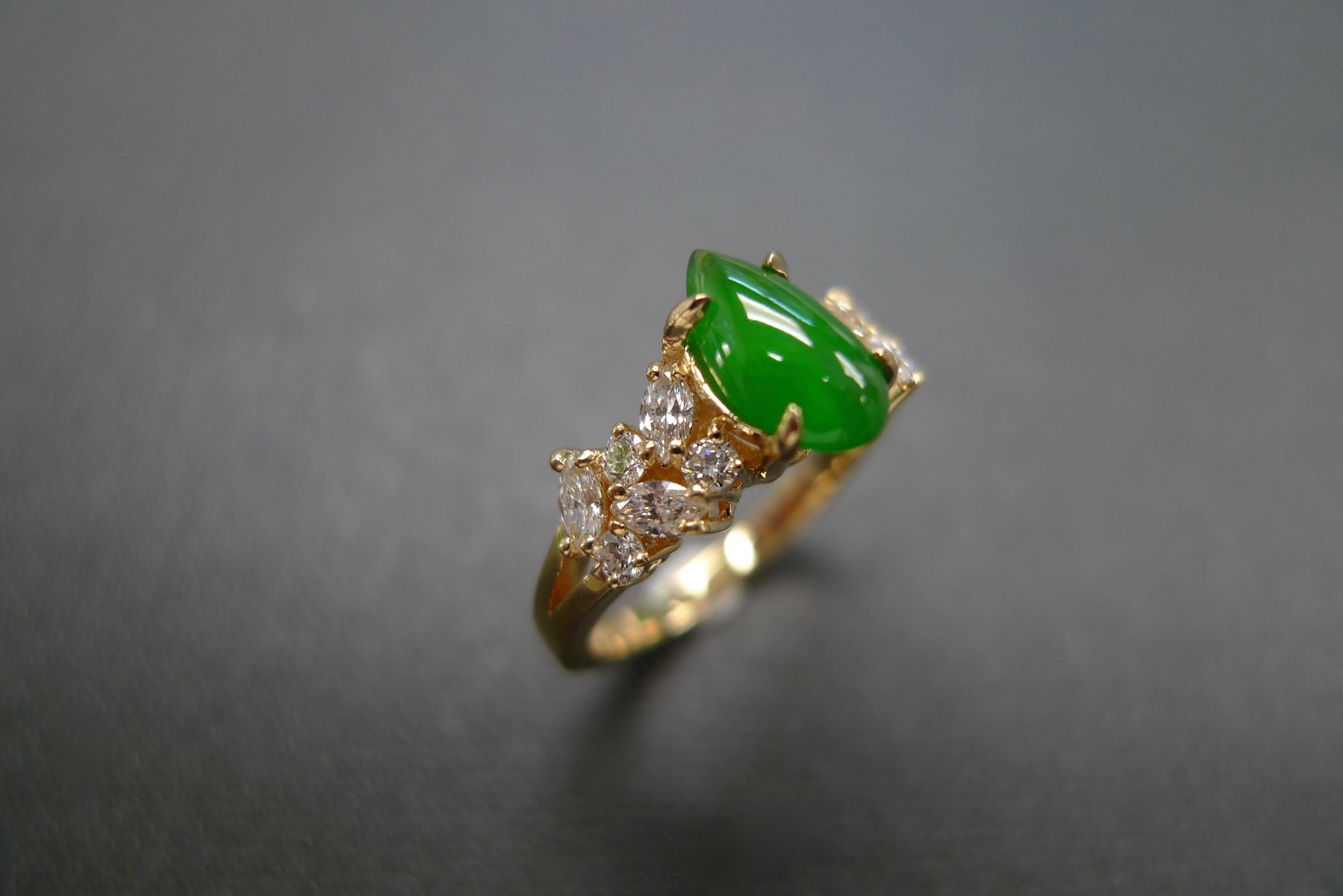 For Sale:  Green Jade and Marquise Diamond Unique Engagement Ring in 18k Yellow Gold 13