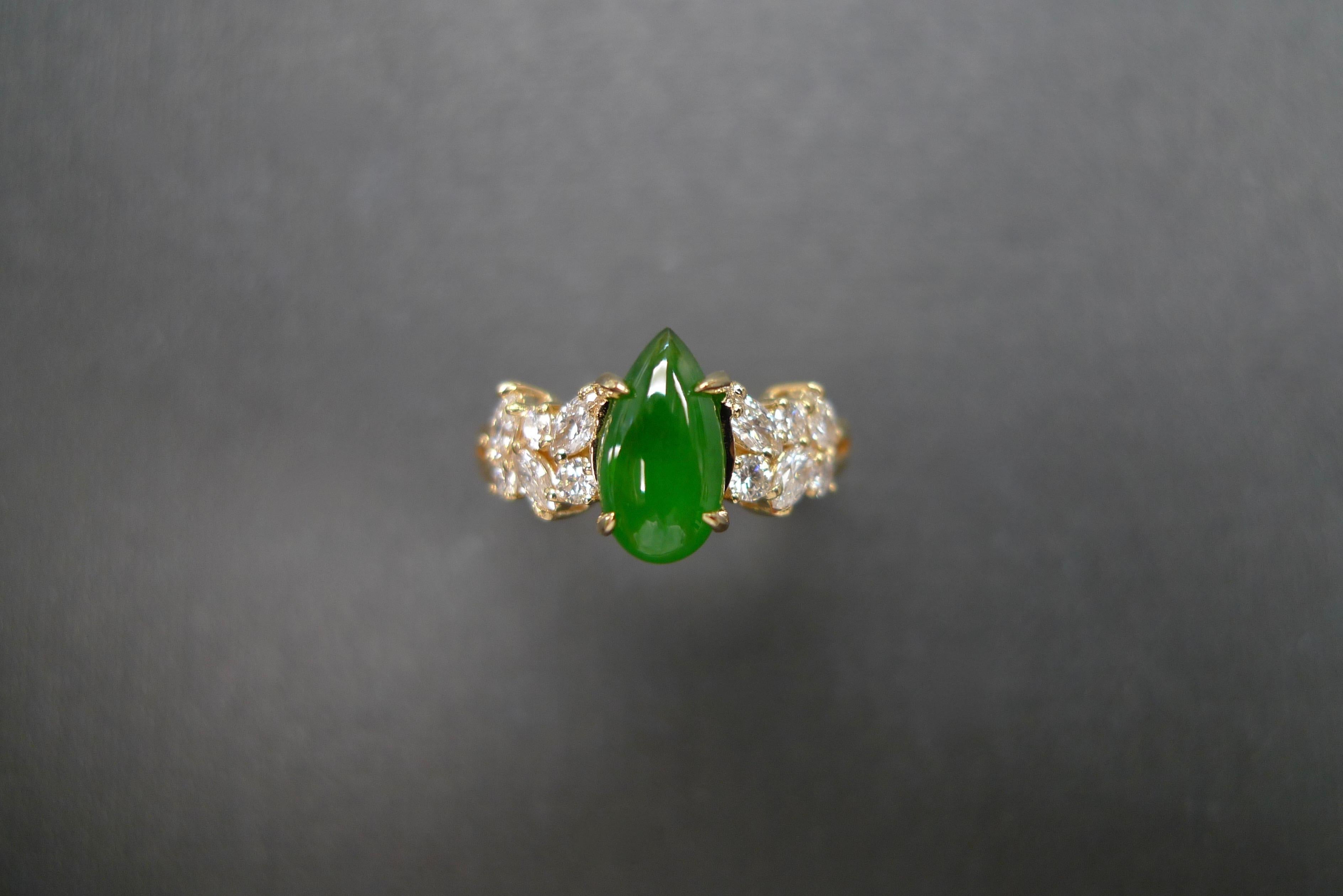 For Sale:  Green Jade and Marquise Diamond Unique Engagement Ring in 18k Yellow Gold 14