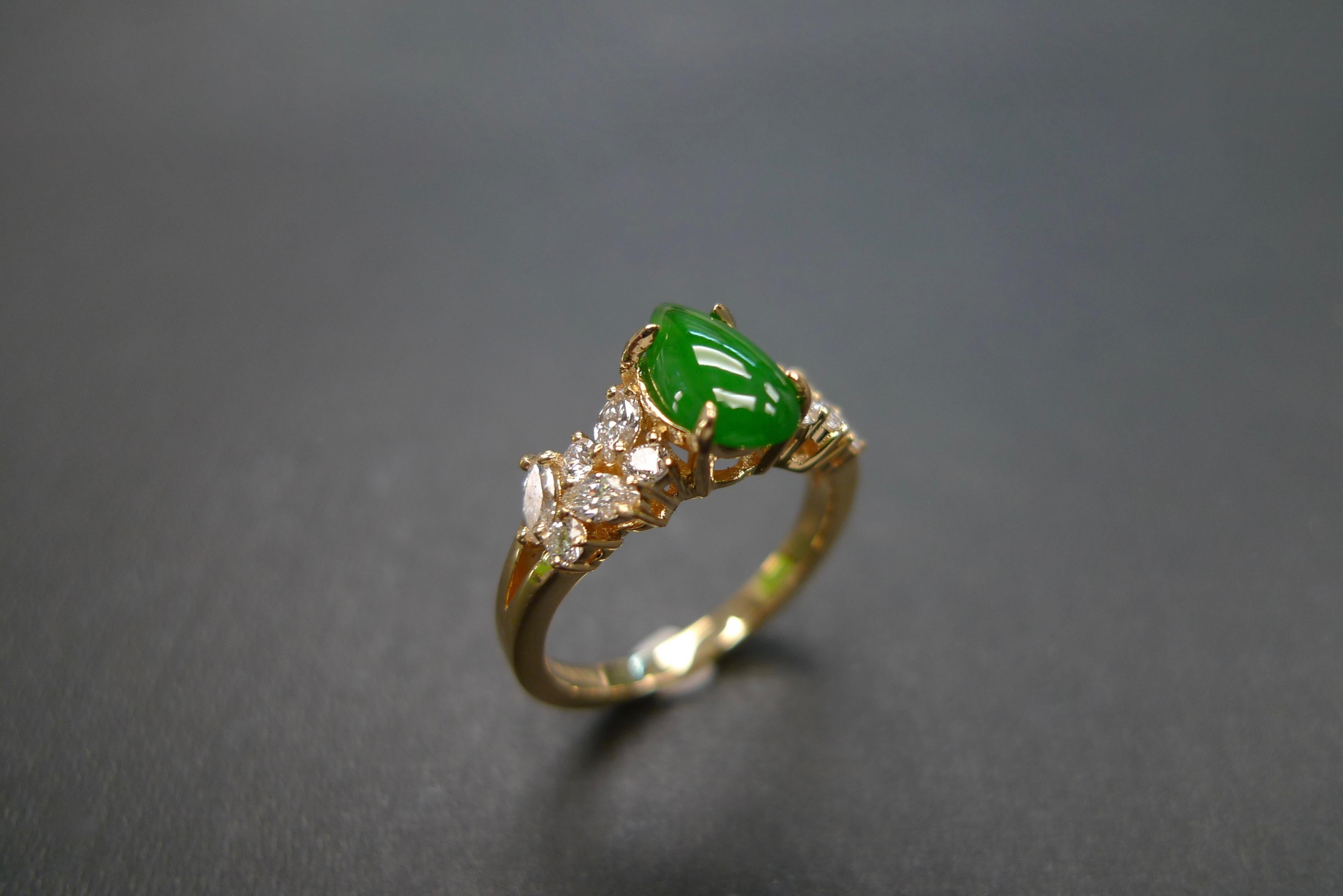 For Sale:  Green Jade and Marquise Diamond Unique Engagement Ring in 18k Yellow Gold 15