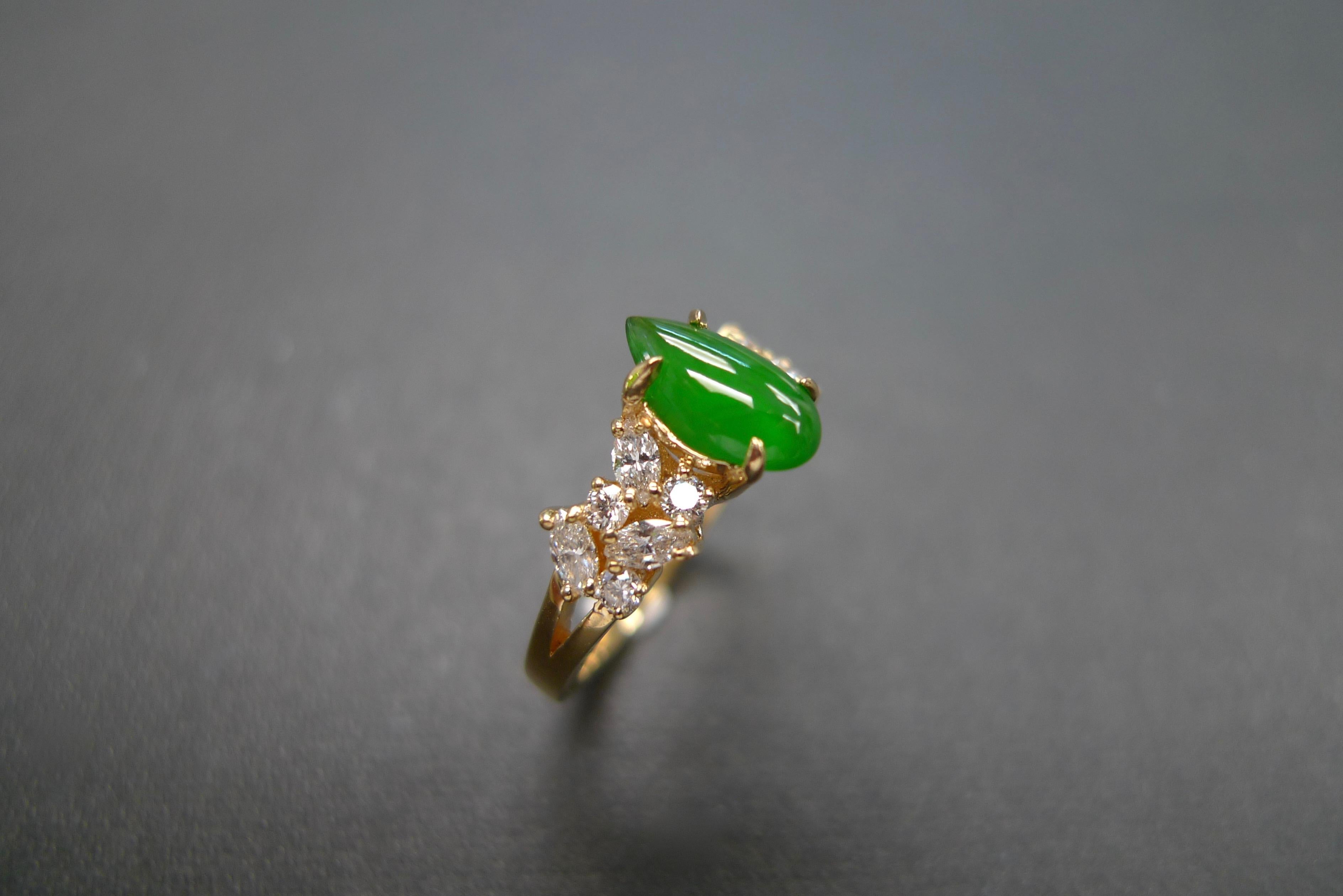 For Sale:  Green Jade and Marquise Diamond Unique Engagement Ring in 18k Yellow Gold 16