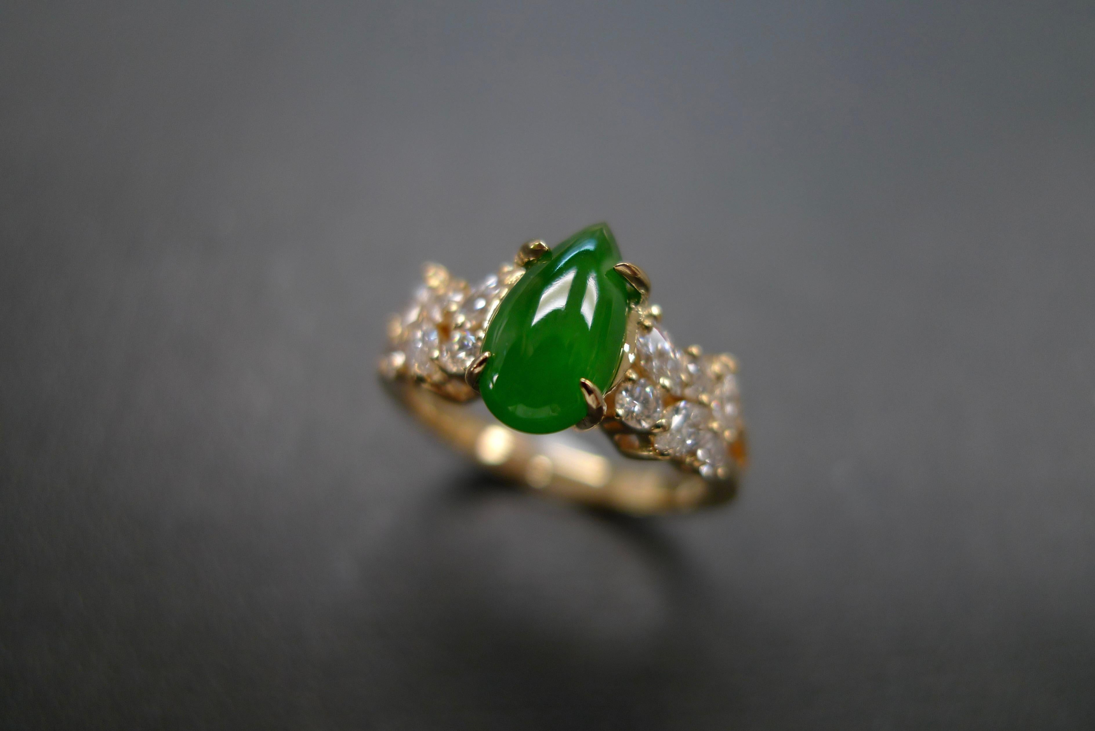 For Sale:  Green Jade and Marquise Diamond Unique Engagement Ring in 18k Yellow Gold 2