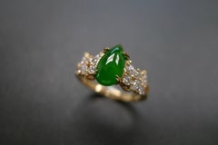 Green Jade and Marquise Diamond Unique Engagement Ring in 18k Yellow Gold