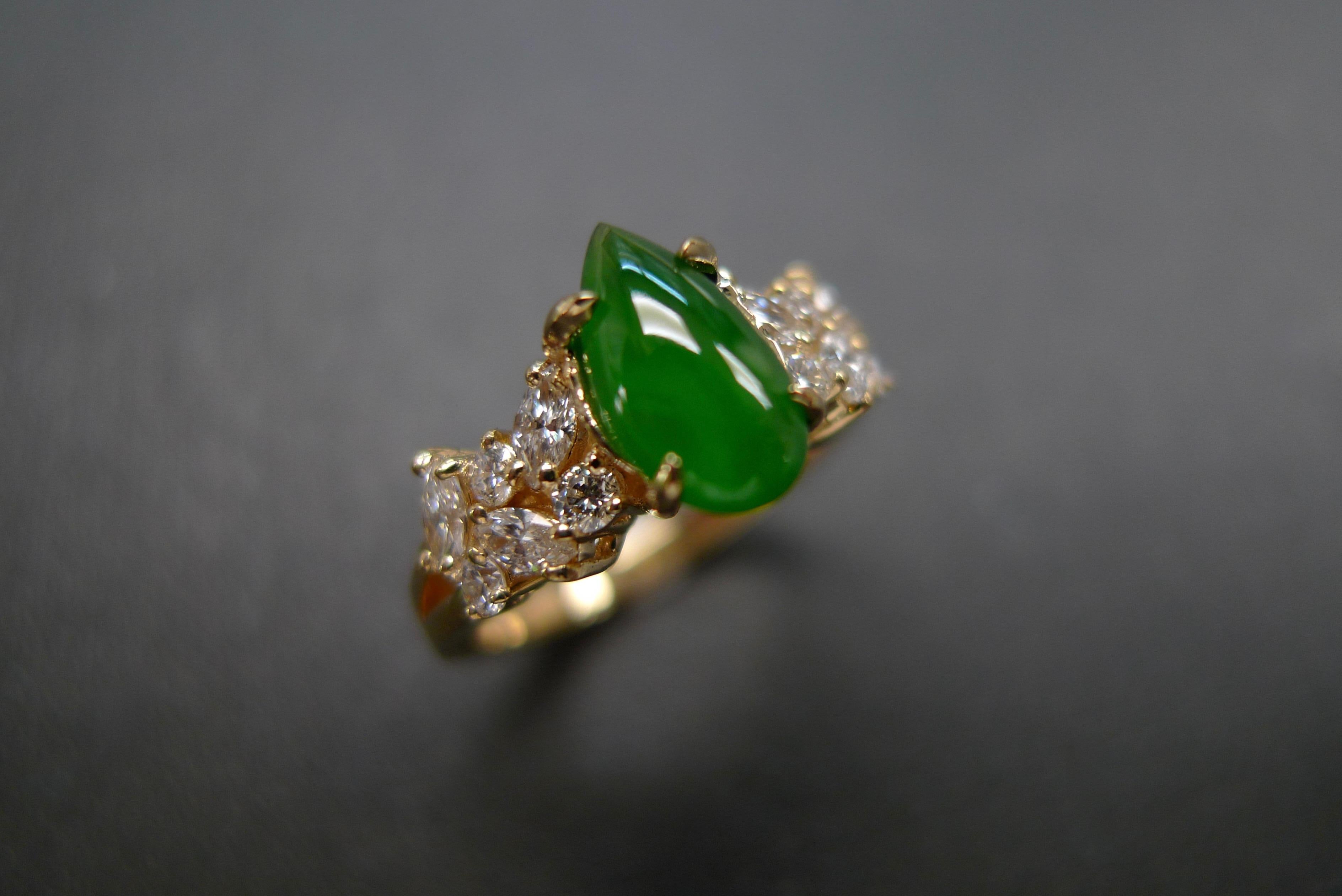 For Sale:  Green Jade and Marquise Diamond Unique Engagement Ring in 18k Yellow Gold 7