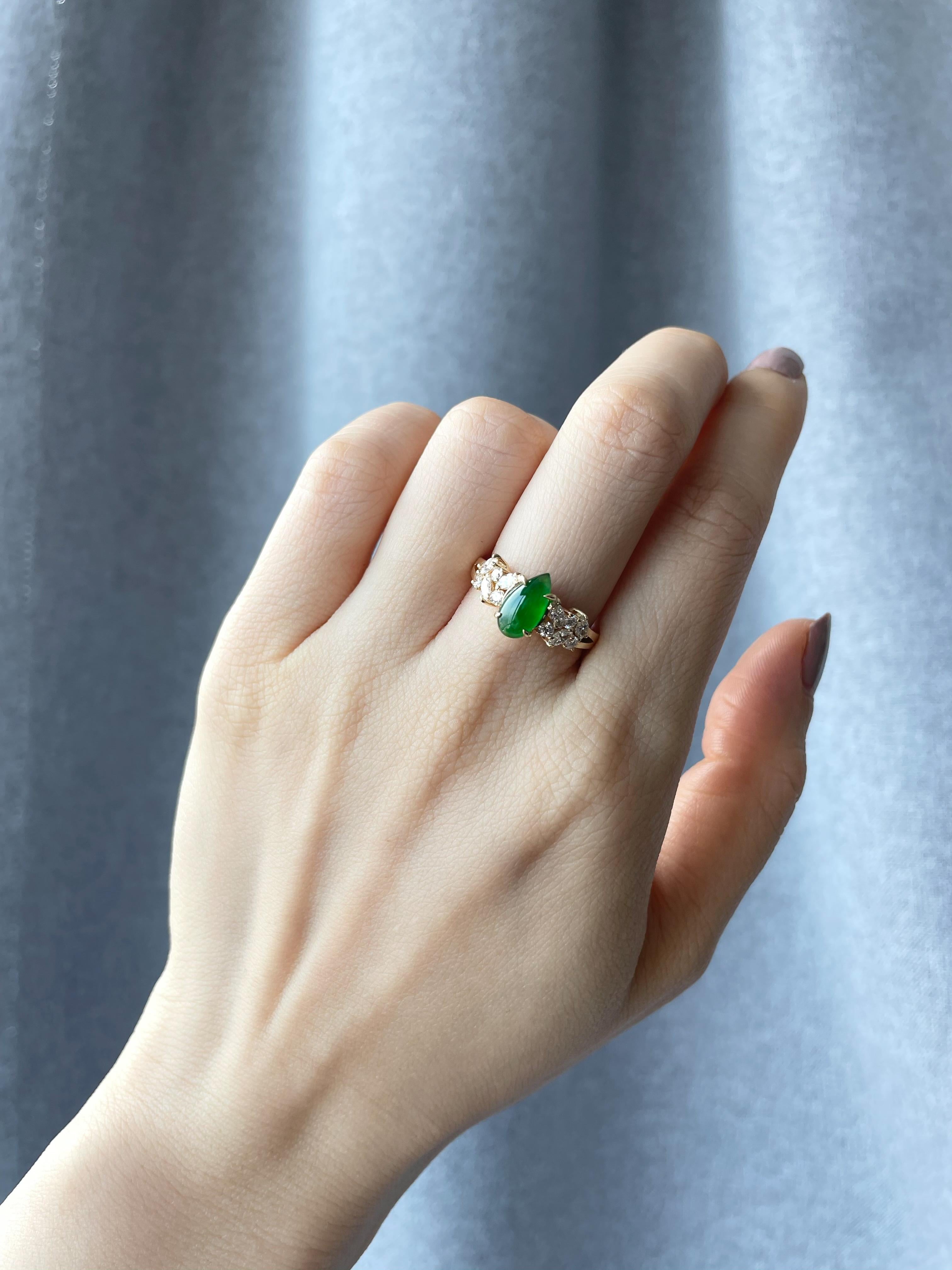 For Sale:  Green Jade and Marquise Diamond Unique Engagement Ring in 18k Yellow Gold 4