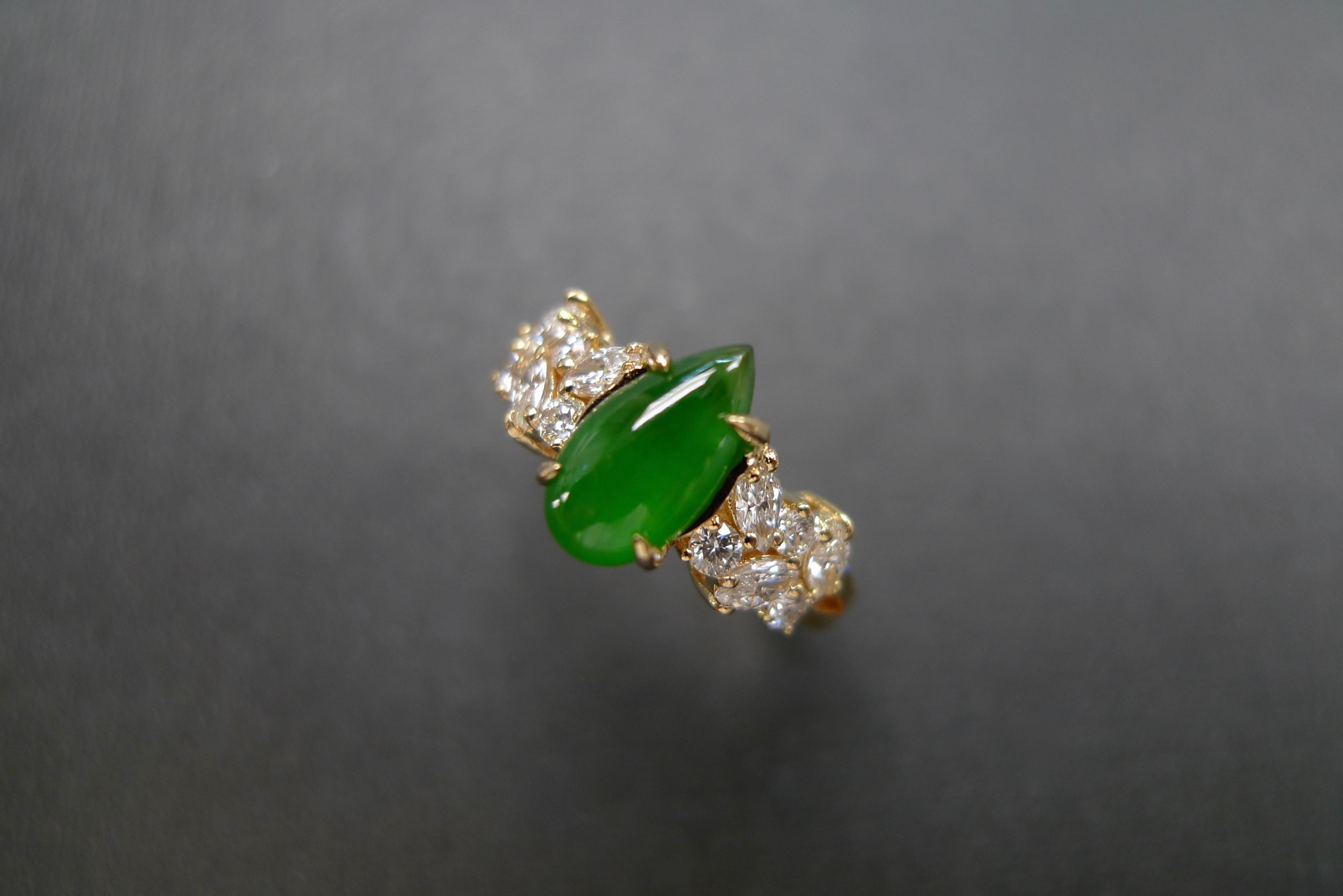 For Sale:  Green Jade and Marquise Diamond Unique Engagement Ring in 18k Yellow Gold 8