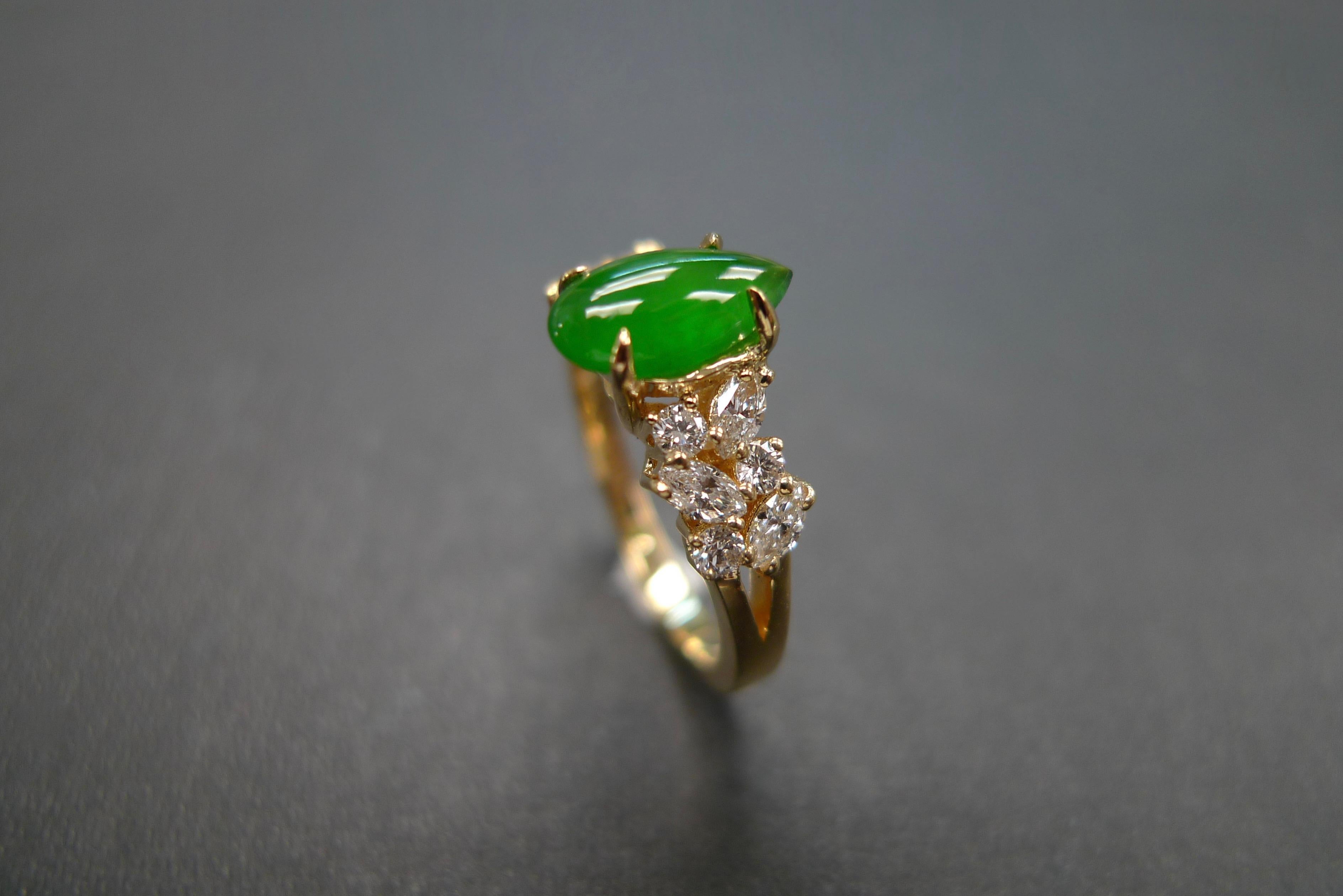 For Sale:  Green Jade and Marquise Diamond Unique Engagement Ring in 18k Yellow Gold 9