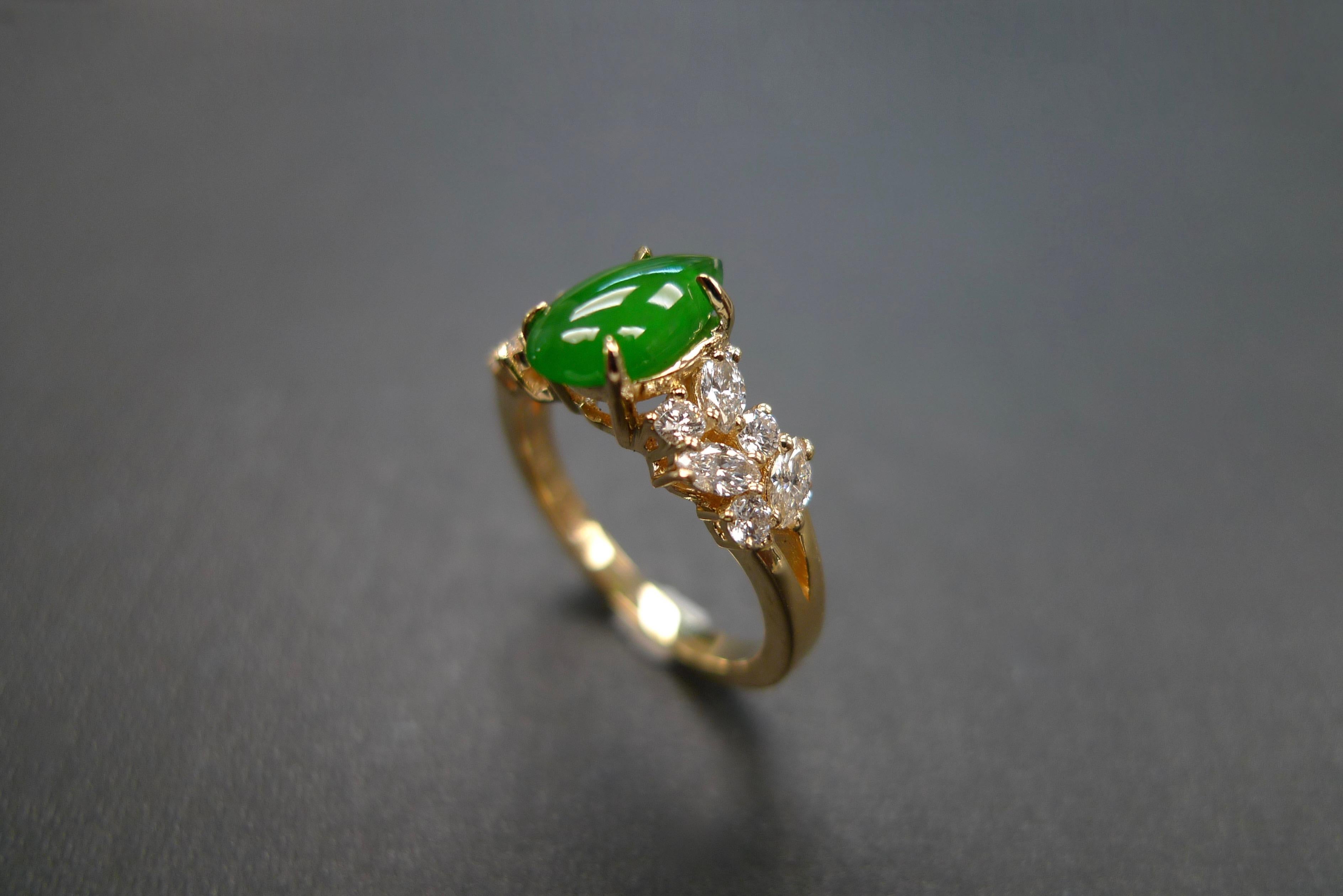 For Sale:  Green Jade and Marquise Diamond Unique Engagement Ring in 18k Yellow Gold 10