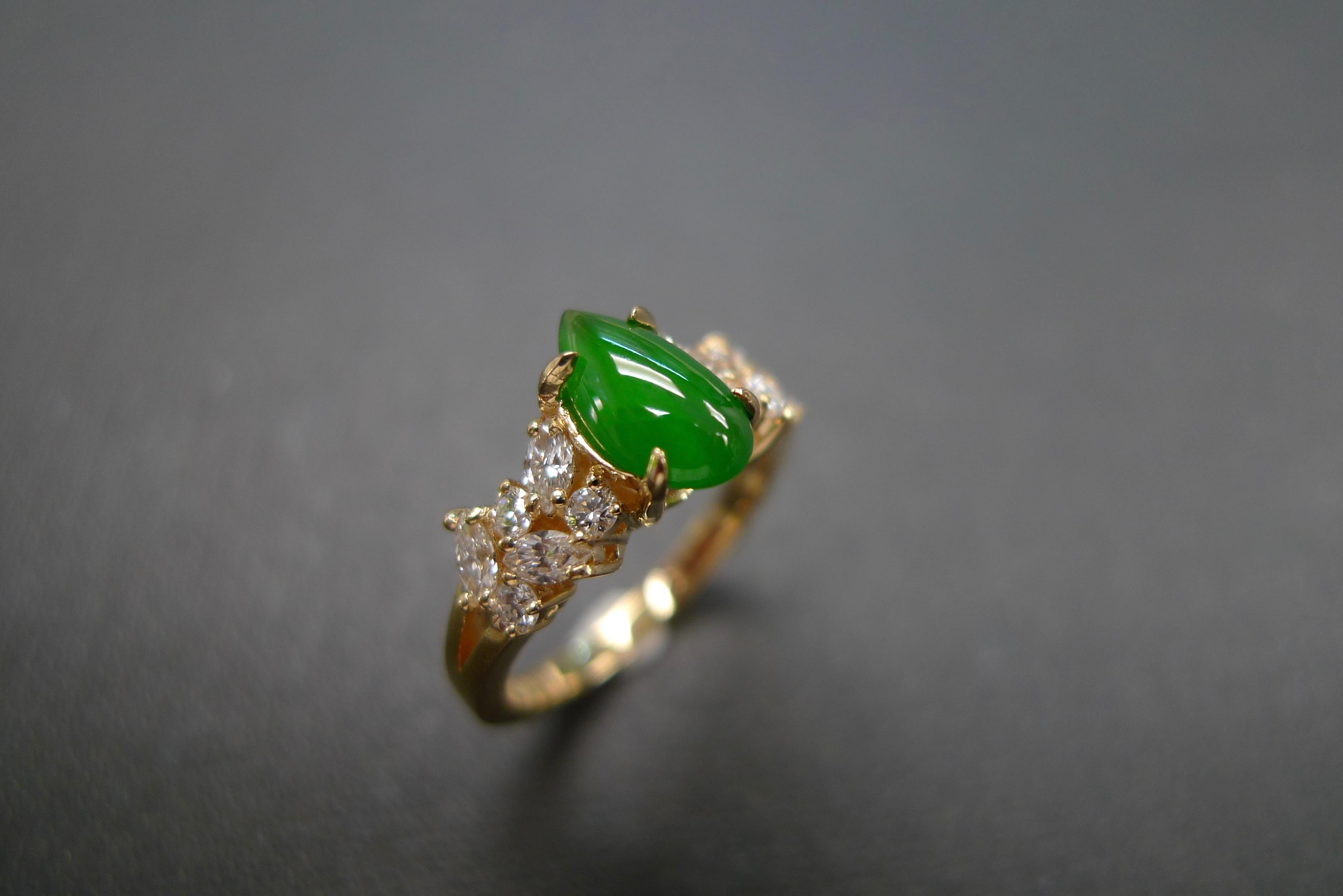 For Sale:  Green Jade and Marquise Diamond Unique Engagement Ring in 18k Yellow Gold 12