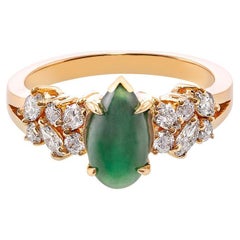 Green Jade and Marquise Diamond Unique Engagement Ring in 18k Yellow Gold