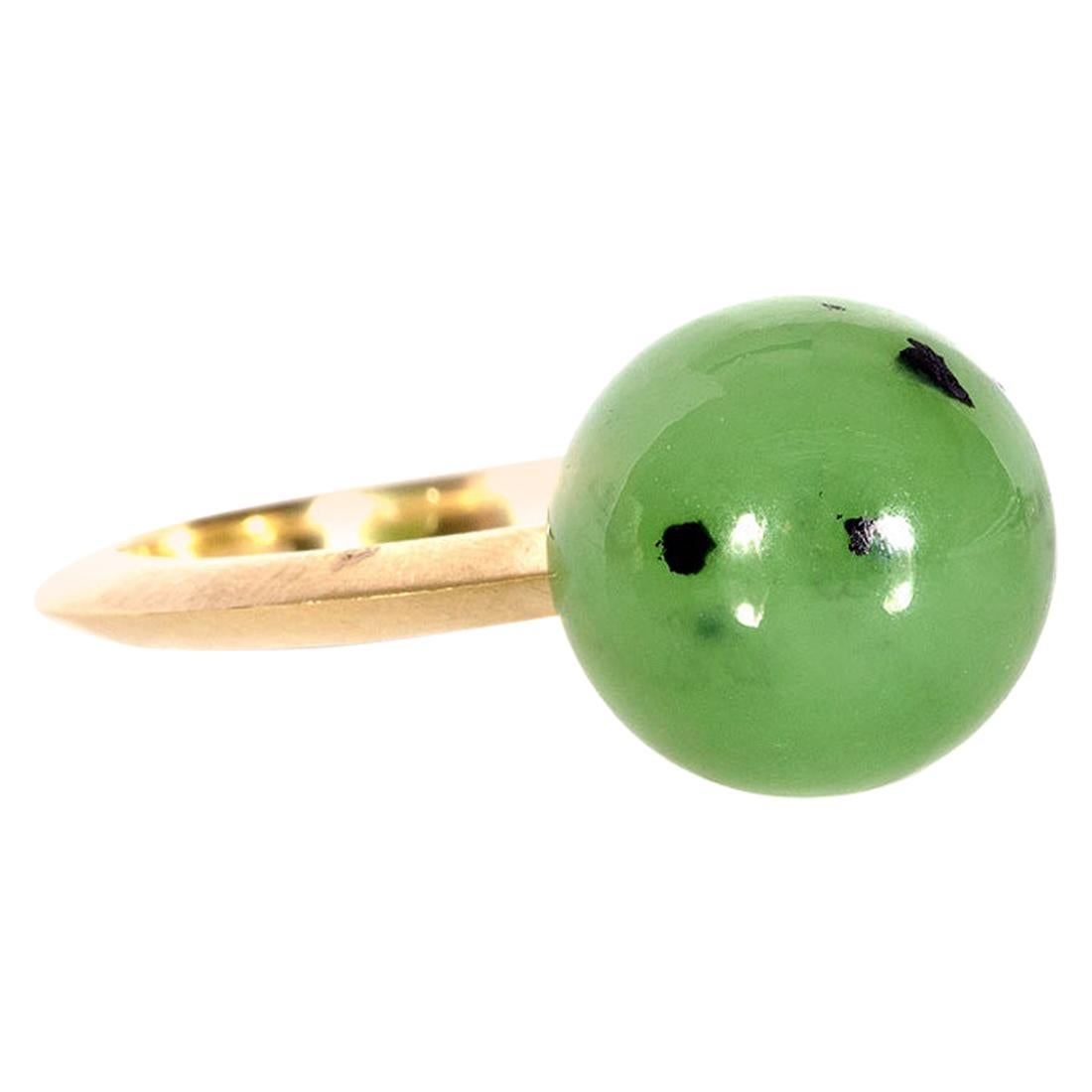 Sylva & Cie Green Jade Ball Ring with 18k Yellow Gold For Sale