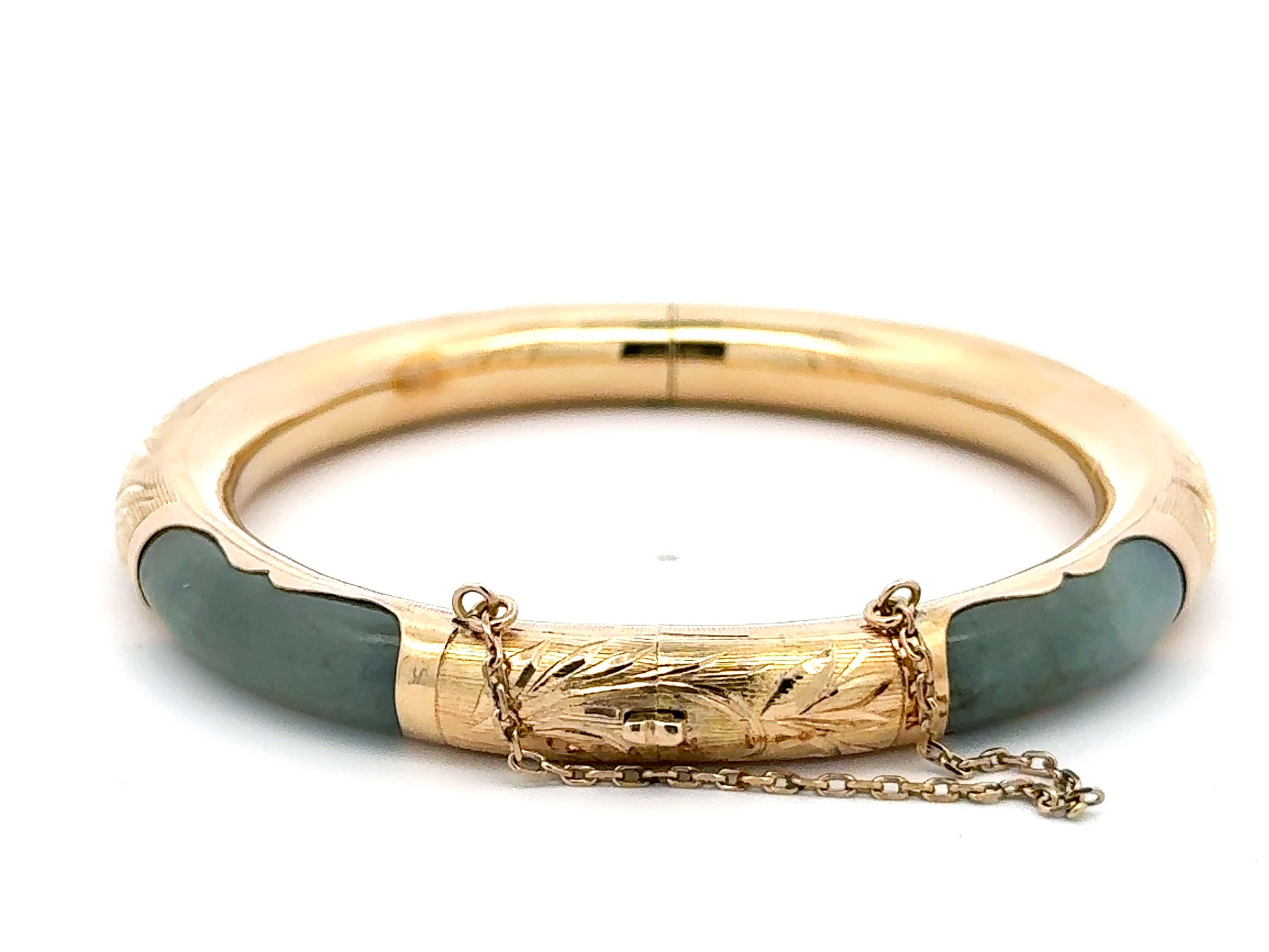 Round Cut Green Jade Bangle 14k Yellow Gold
