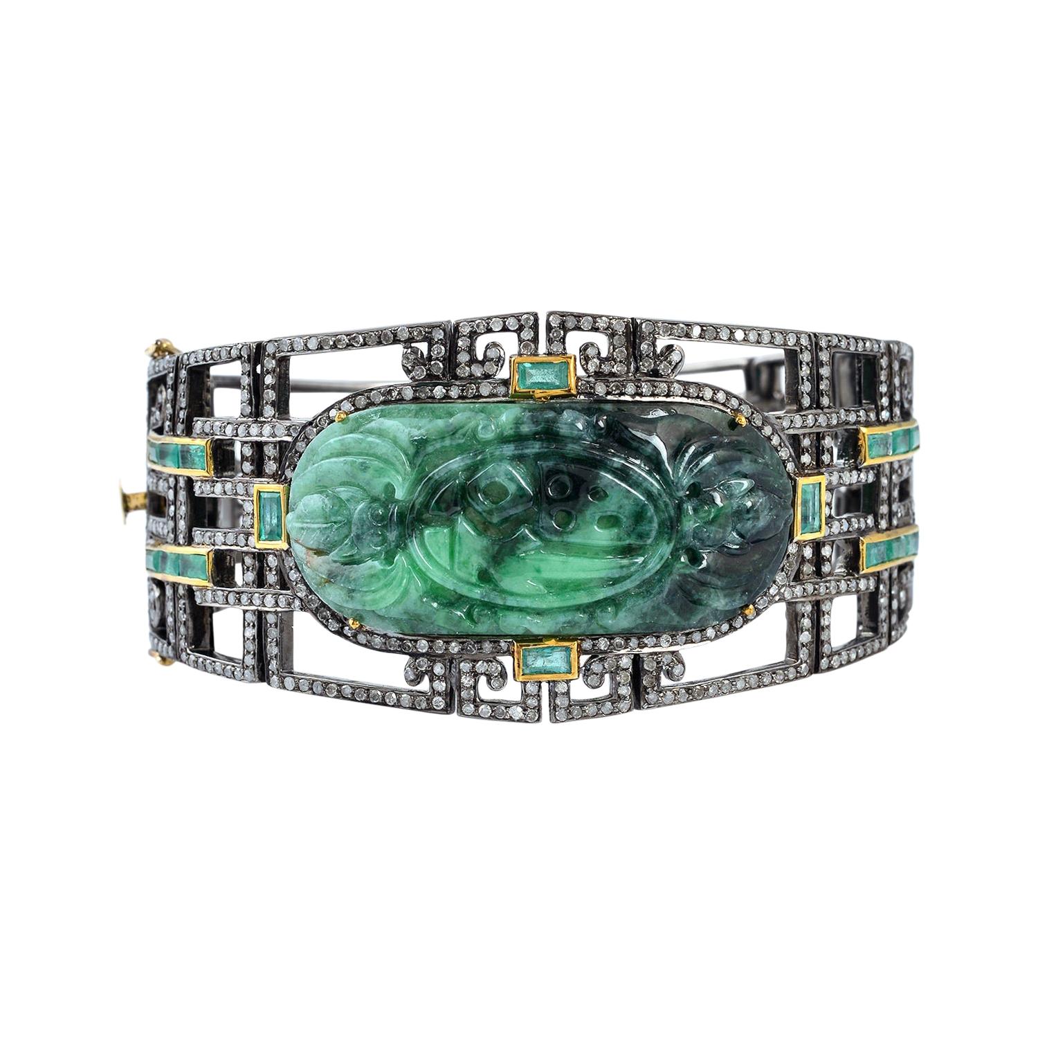Green Jade Bangle with Diamonds and Emeralds In 18k Gold & Silver