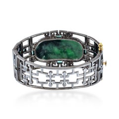 Green Jade Bangle with Diamonds and Emeralds In 18k Gold & Silver