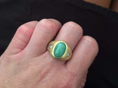 Green Jade Cabochon and 2 Side Diamonds Satin Finish 14k Yellow Gold Ring
