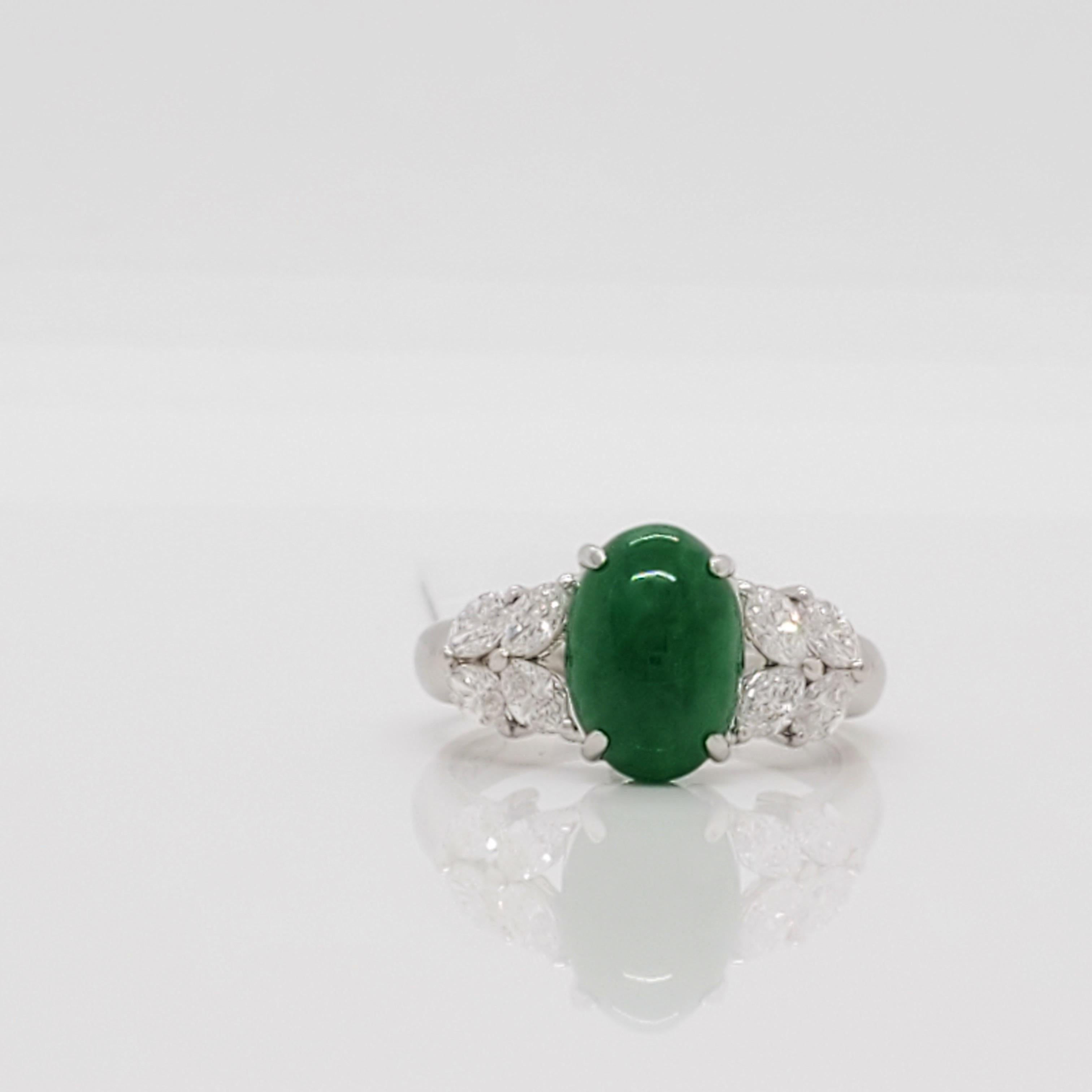 Women's or Men's Green Jade Cabochon and Diamond Cocktail Ring in Platinum For Sale