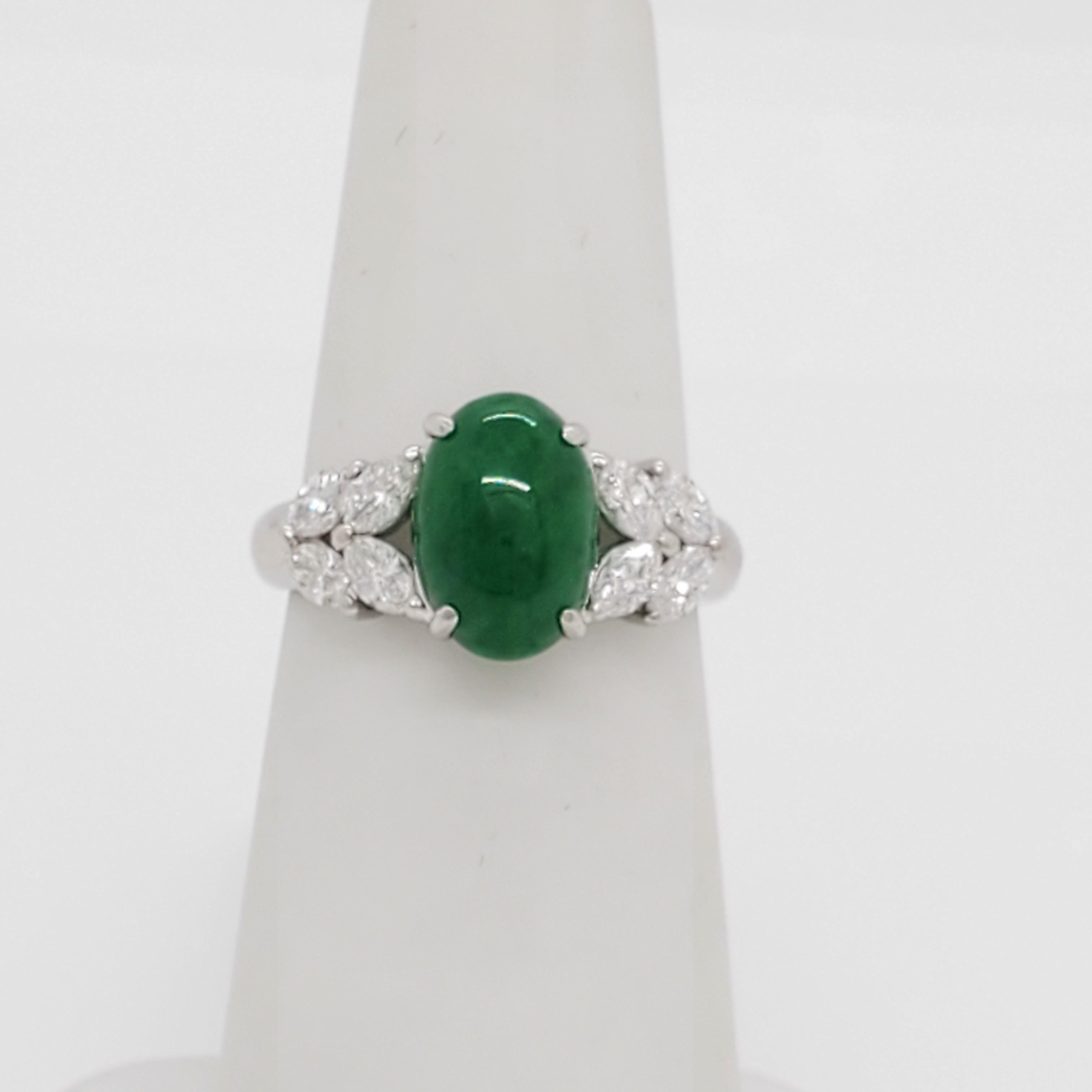 Green Jade Cabochon and Diamond Cocktail Ring in Platinum For Sale 2