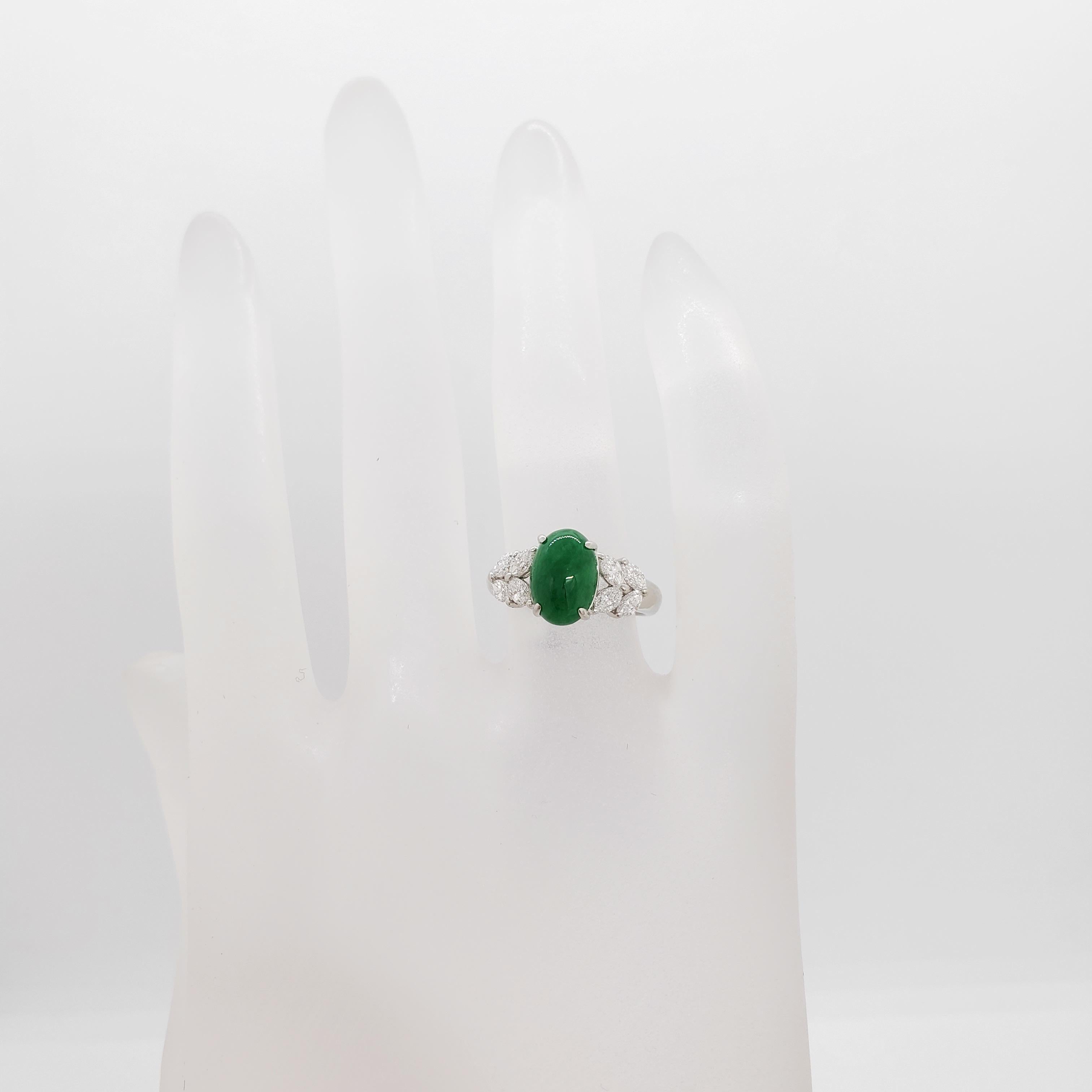 Oval Cut Green Jade Cabochon and Diamond Cocktail Ring in Platinum For Sale