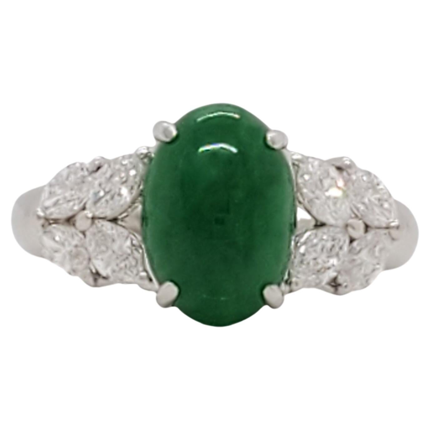 Green Jade Cabochon and Diamond Cocktail Ring in Platinum For Sale