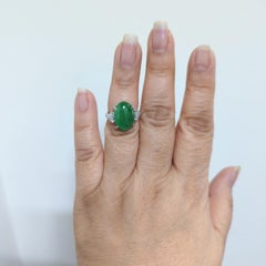 Green Jade Cabochon and White Diamond Three Stone Ring in Platinum