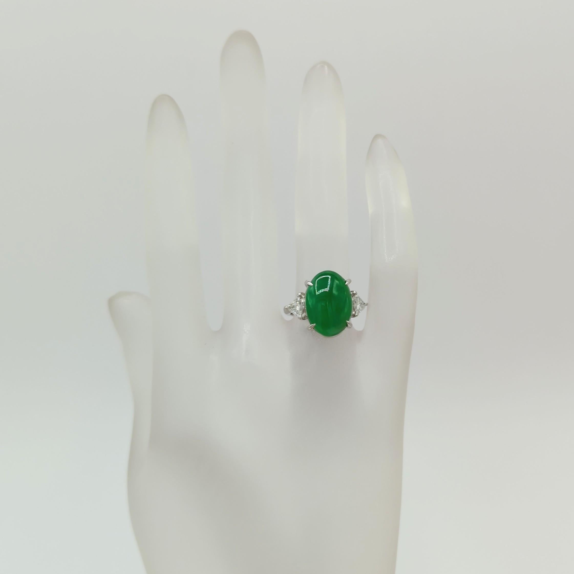 Oval Cut Green Jade Cabochon and White Diamond Three Stone Ring in Platinum For Sale