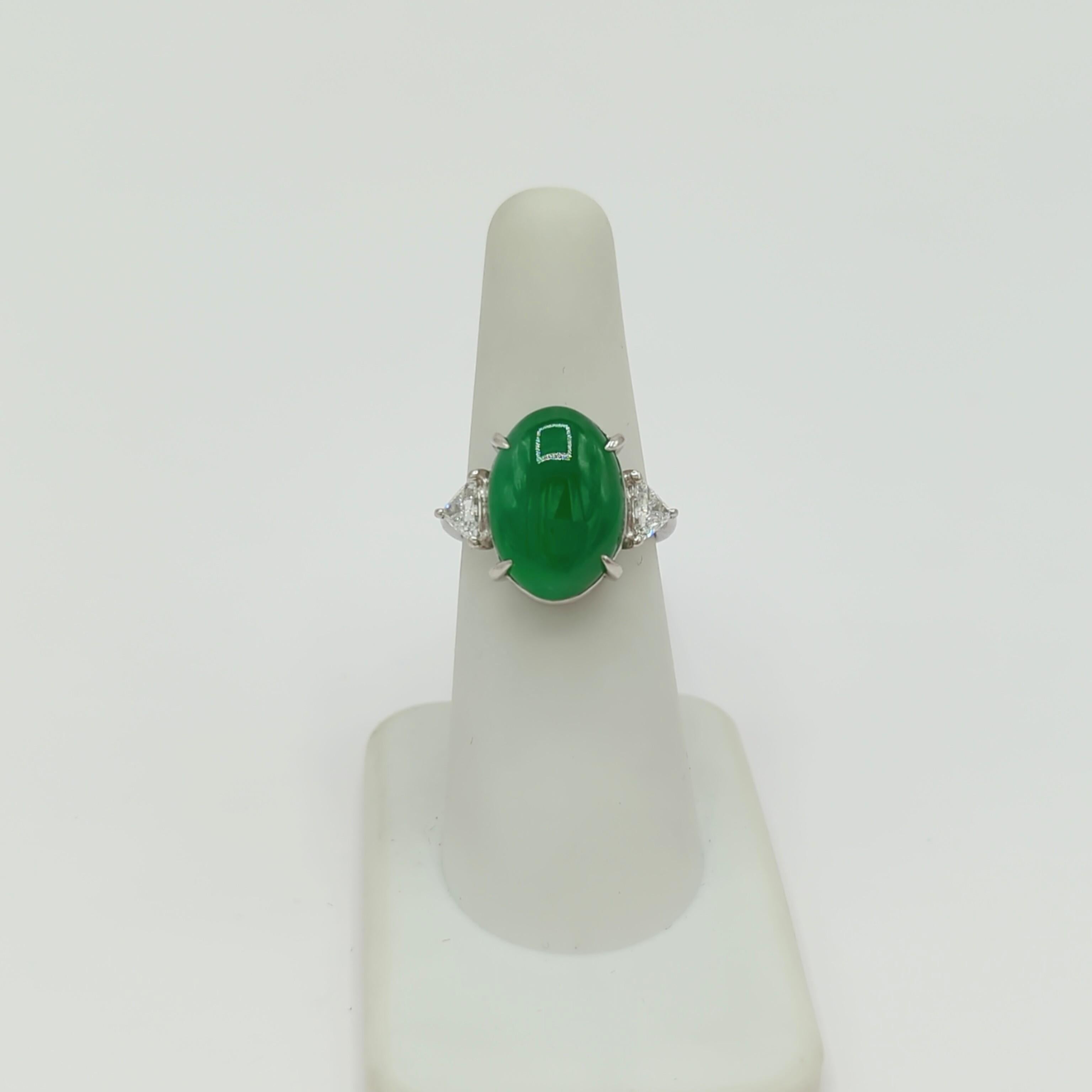 Women's or Men's Green Jade Cabochon and White Diamond Three Stone Ring in Platinum For Sale