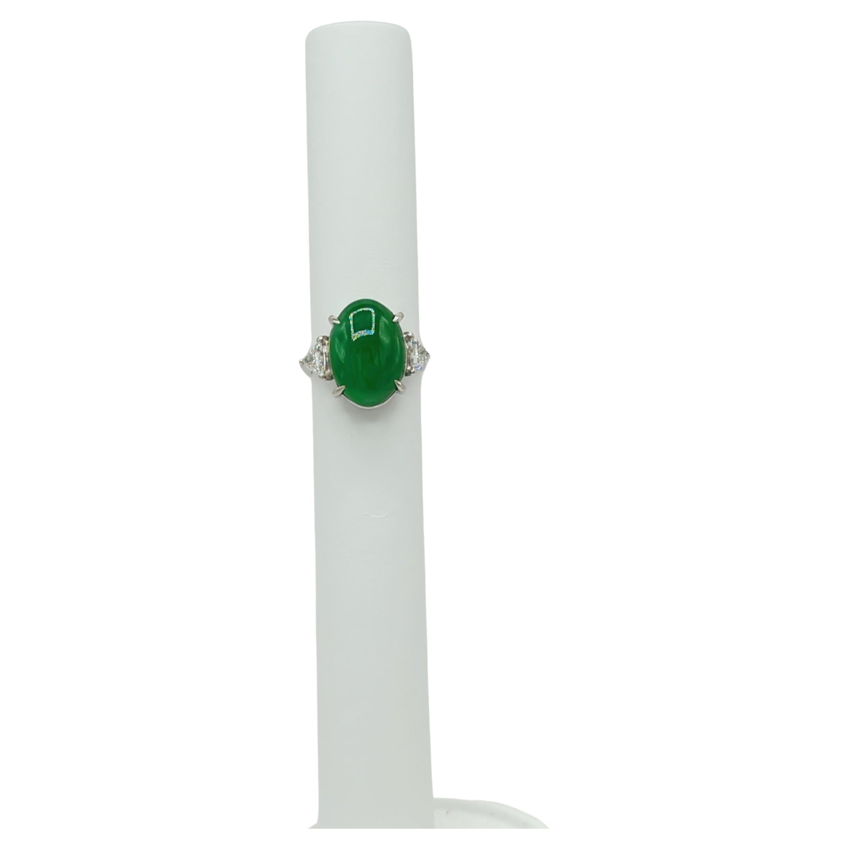 Green Jade Cabochon and White Diamond Three Stone Ring in Platinum For Sale