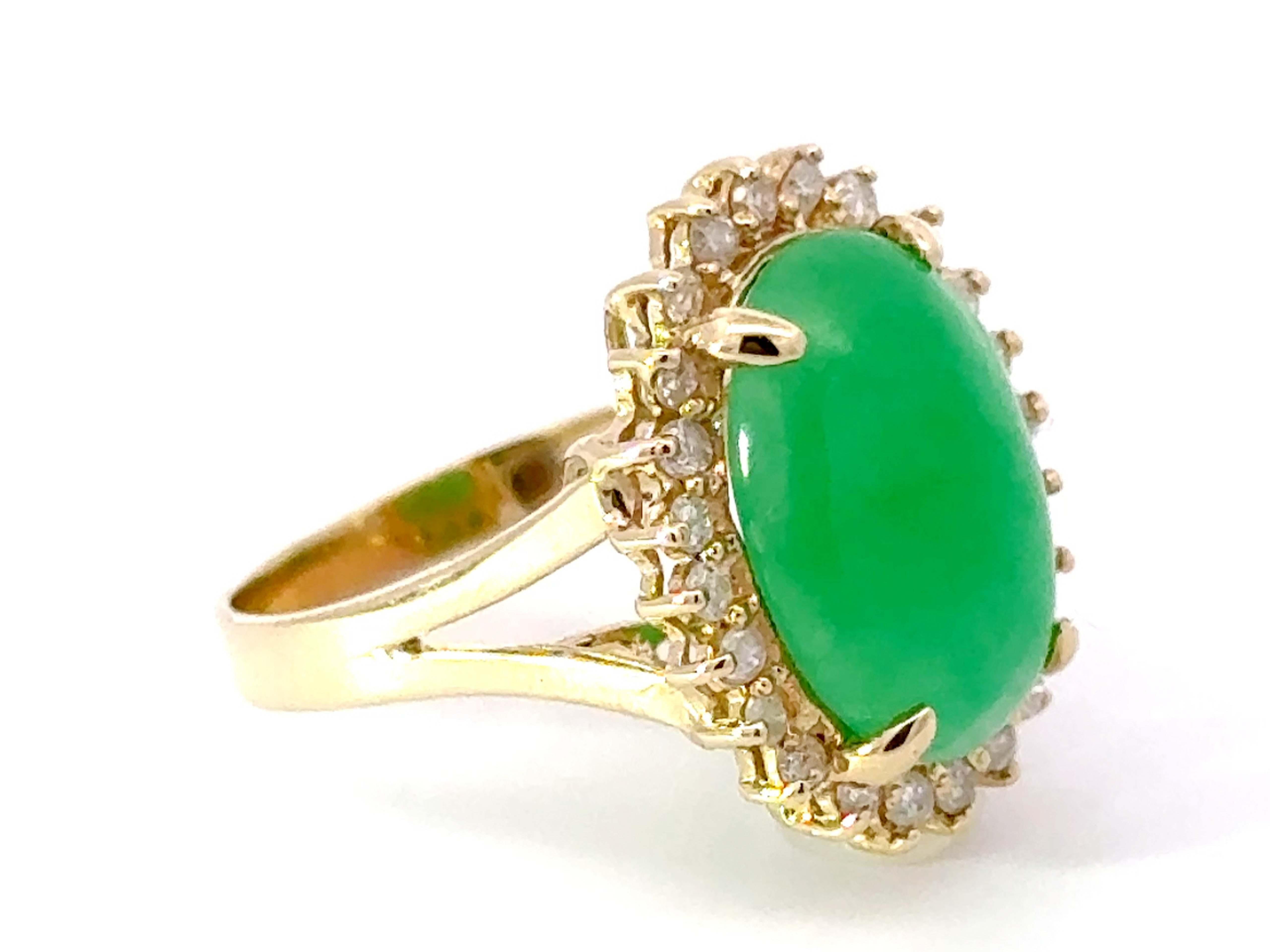 Modern Green Jade Cabochon Diamond Halo Ring 14k Yellow Gold For Sale