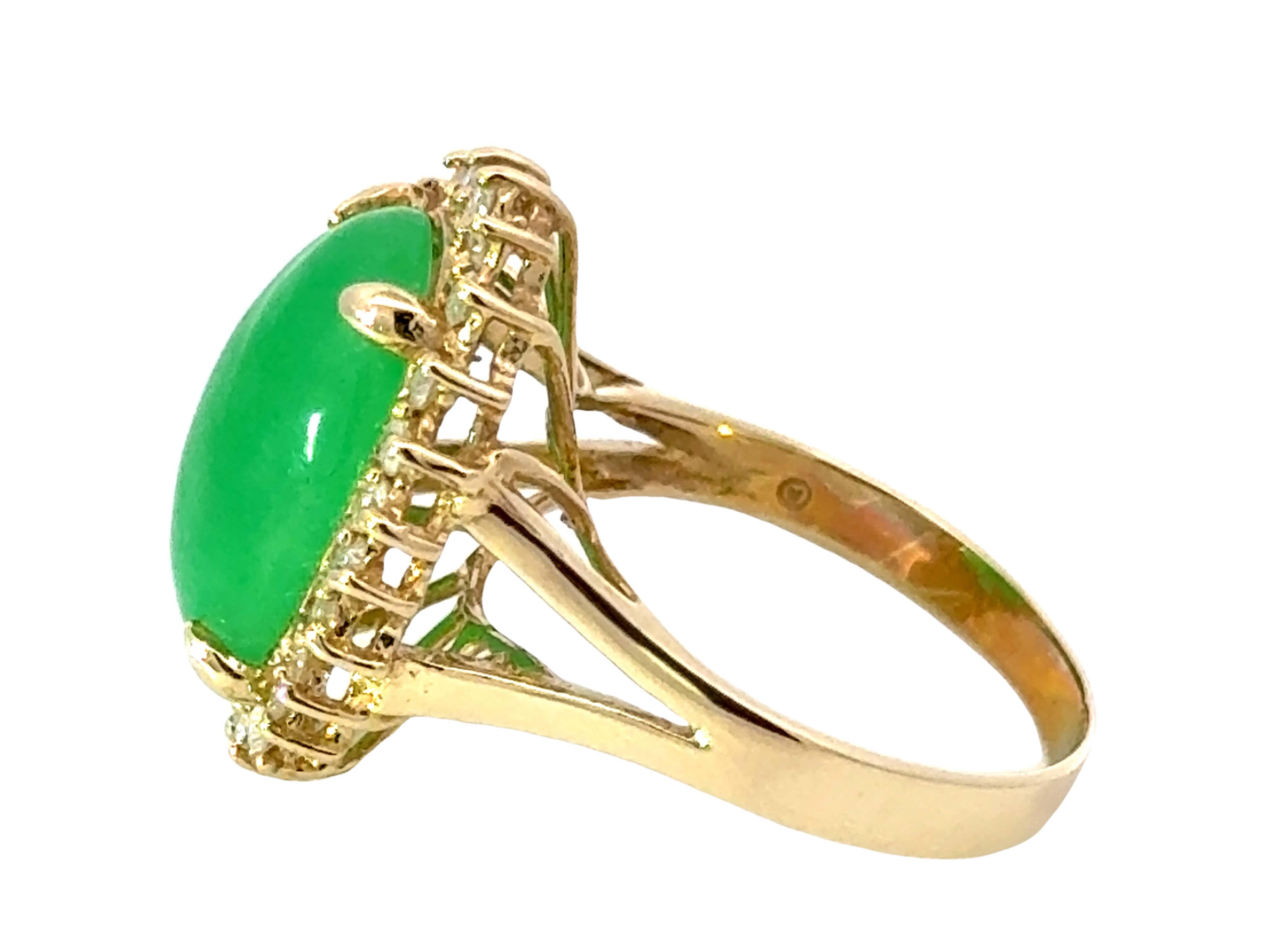 Green Jade Cabochon Diamond Halo Ring 14k Yellow Gold For Sale 1