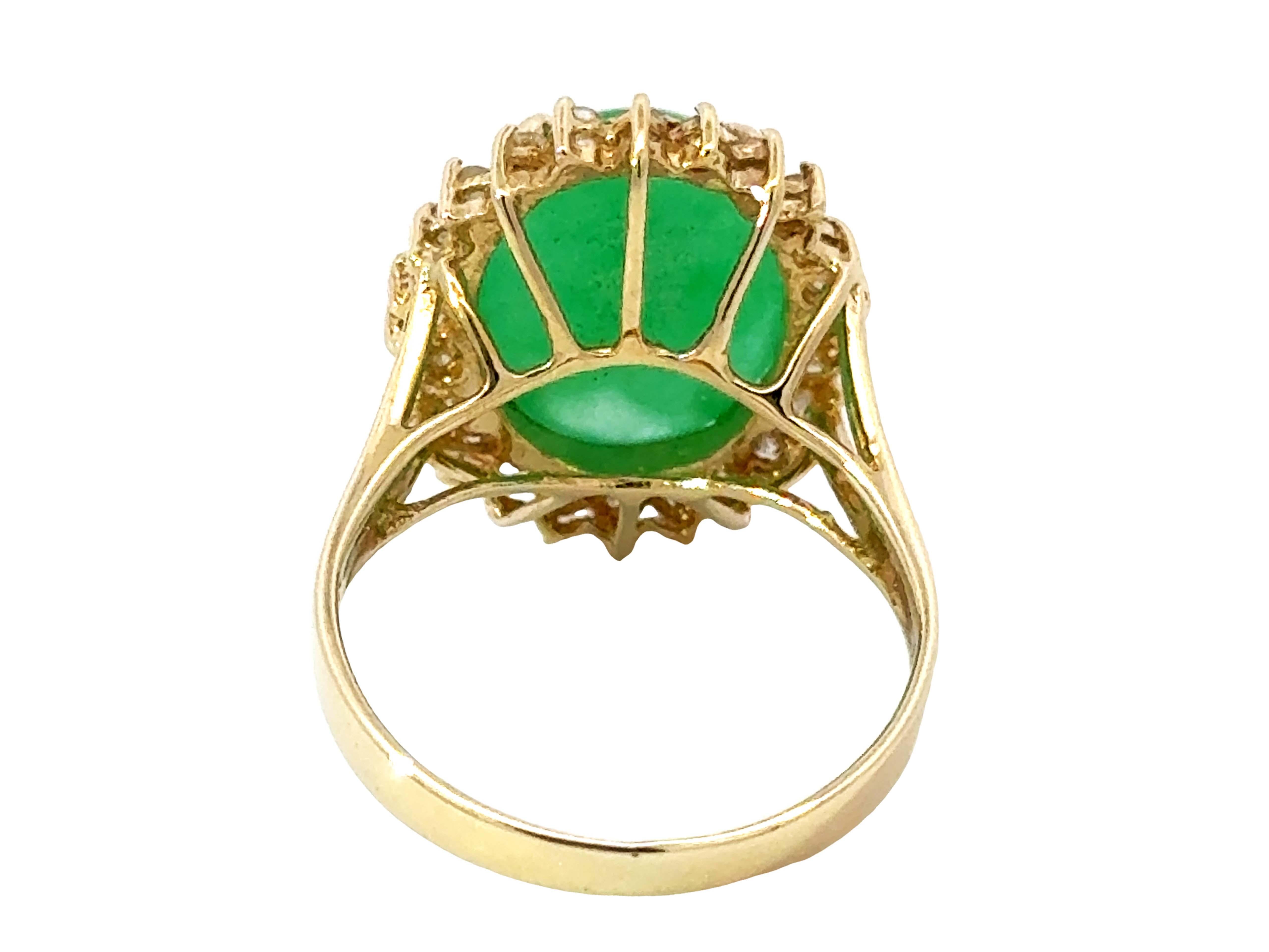 Green Jade Cabochon Diamond Halo Ring 14k Yellow Gold For Sale 2