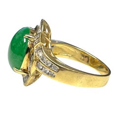 Green Jade Cabochon Ring Diamond Baguette Ballerina Halo Round Diamond Shoulders