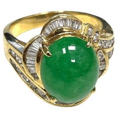 Vintage Green Jade Cabochon Ring Diamond Baguette Ballerina Halo Round Diamond Shoulders
