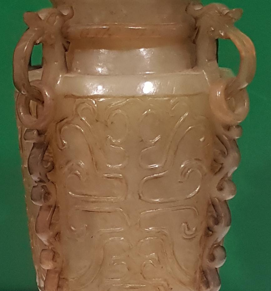 Chinese Green Jade Censer with Wooden Base Friezed with Decorations, China 20th Century For Sale