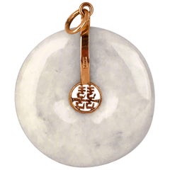Green Jade, Chinese Pendant, Concave with Symbols in 14 Karat Gold, Midcentury