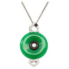 Antique Green Jade, Diamond and Onyx Pendant