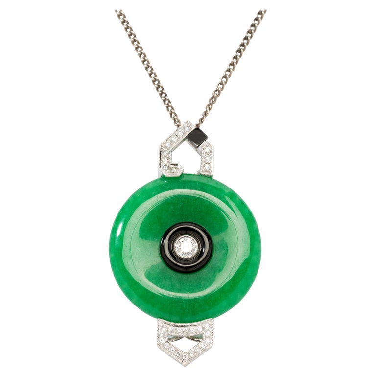 Green Jade, Diamond and Onyx Pendant For Sale