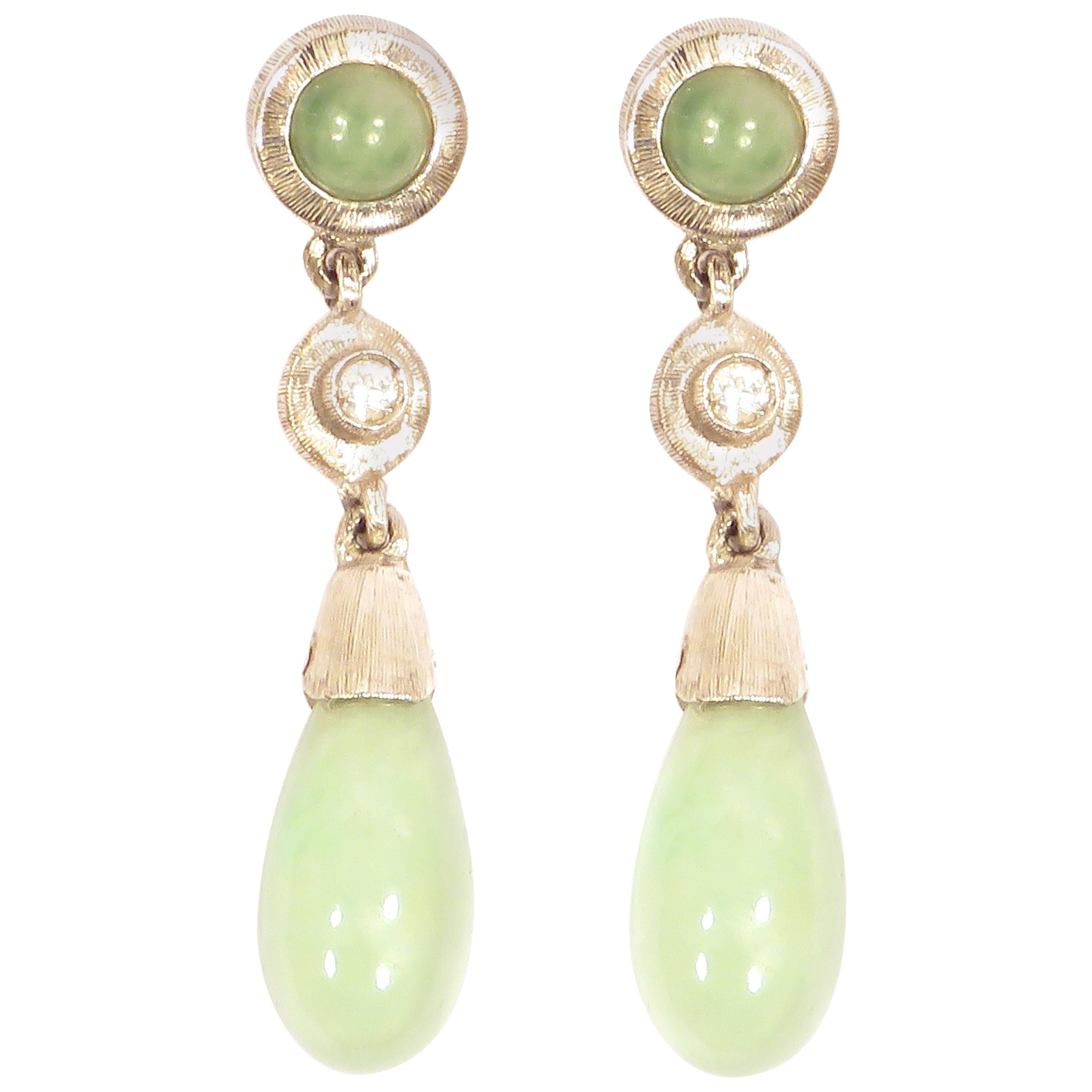 Green Jade Diamonds 18 Karat White Engraved Gold Dangle Earrings