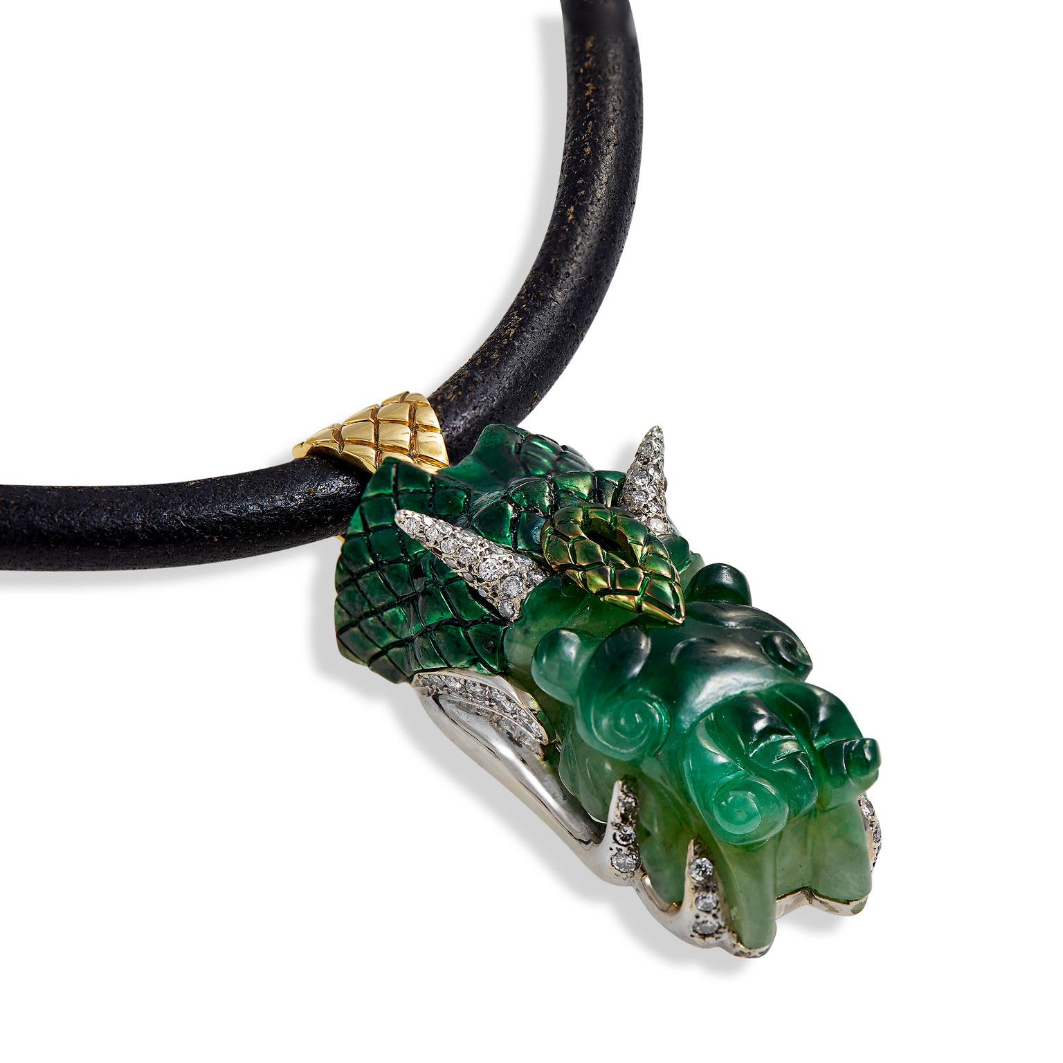 Contemporary Green Jade Dragon Jadeite and Diamond One of a Kind Men's Pendant Necklace For Sale