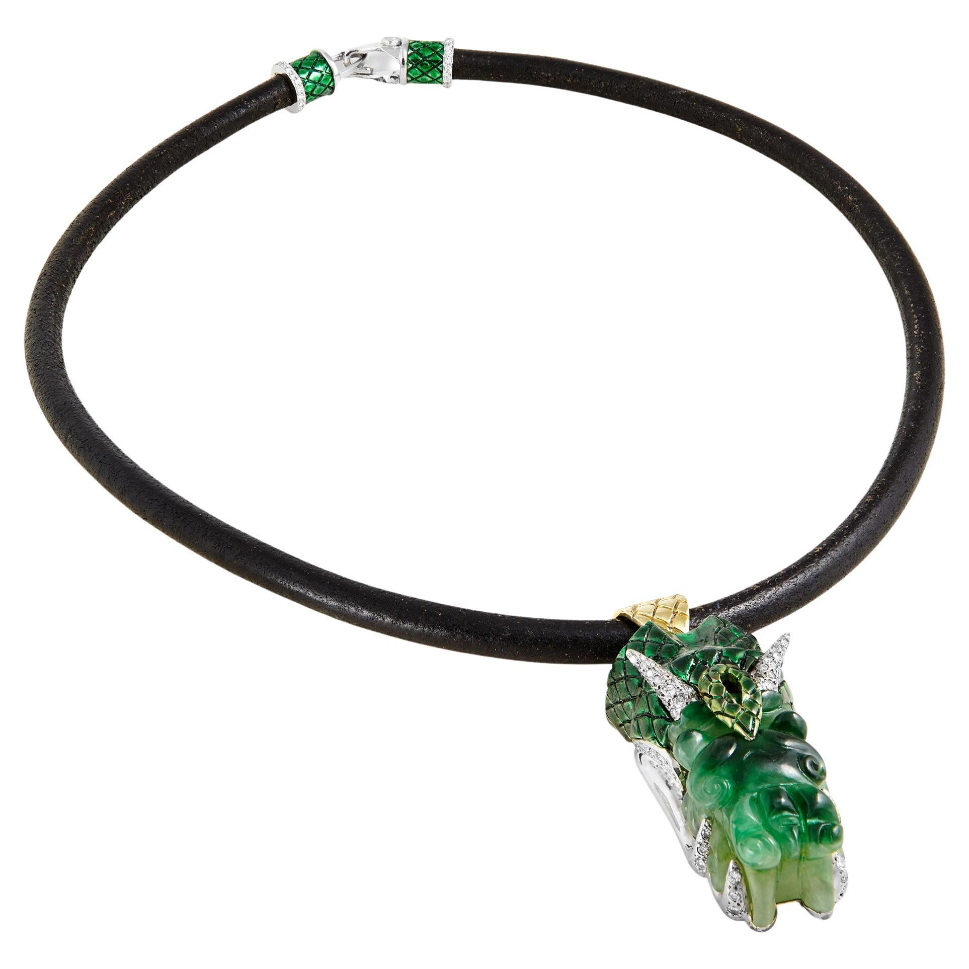 Green Jade Dragon Jadeite and Diamond One of a Kind Men's Pendant Necklace For Sale