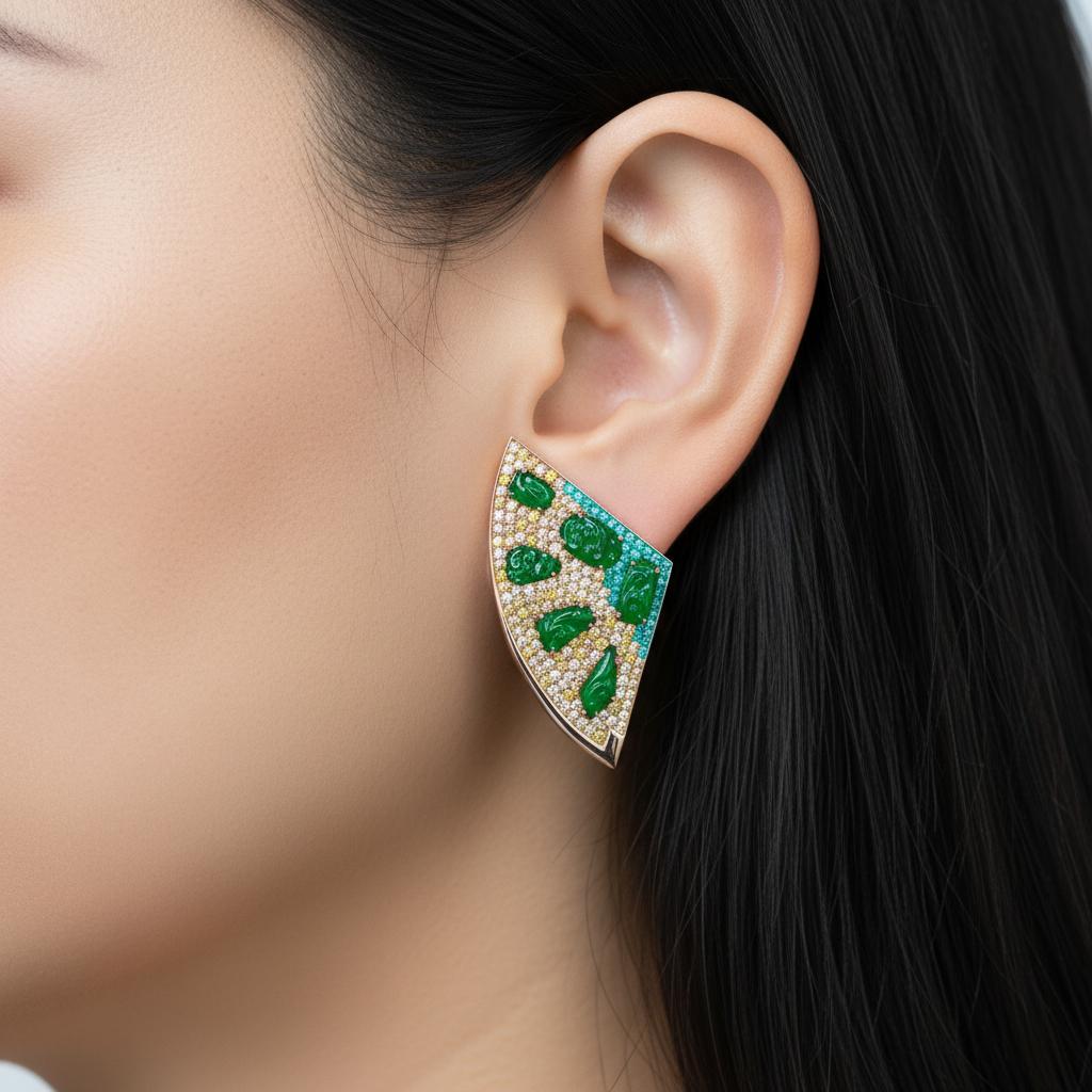 Boucles d'oreilles éventail en jade vert, émeraude et diamant de couleur fantaisie, or 18 carats, Austy Lee en vente 4