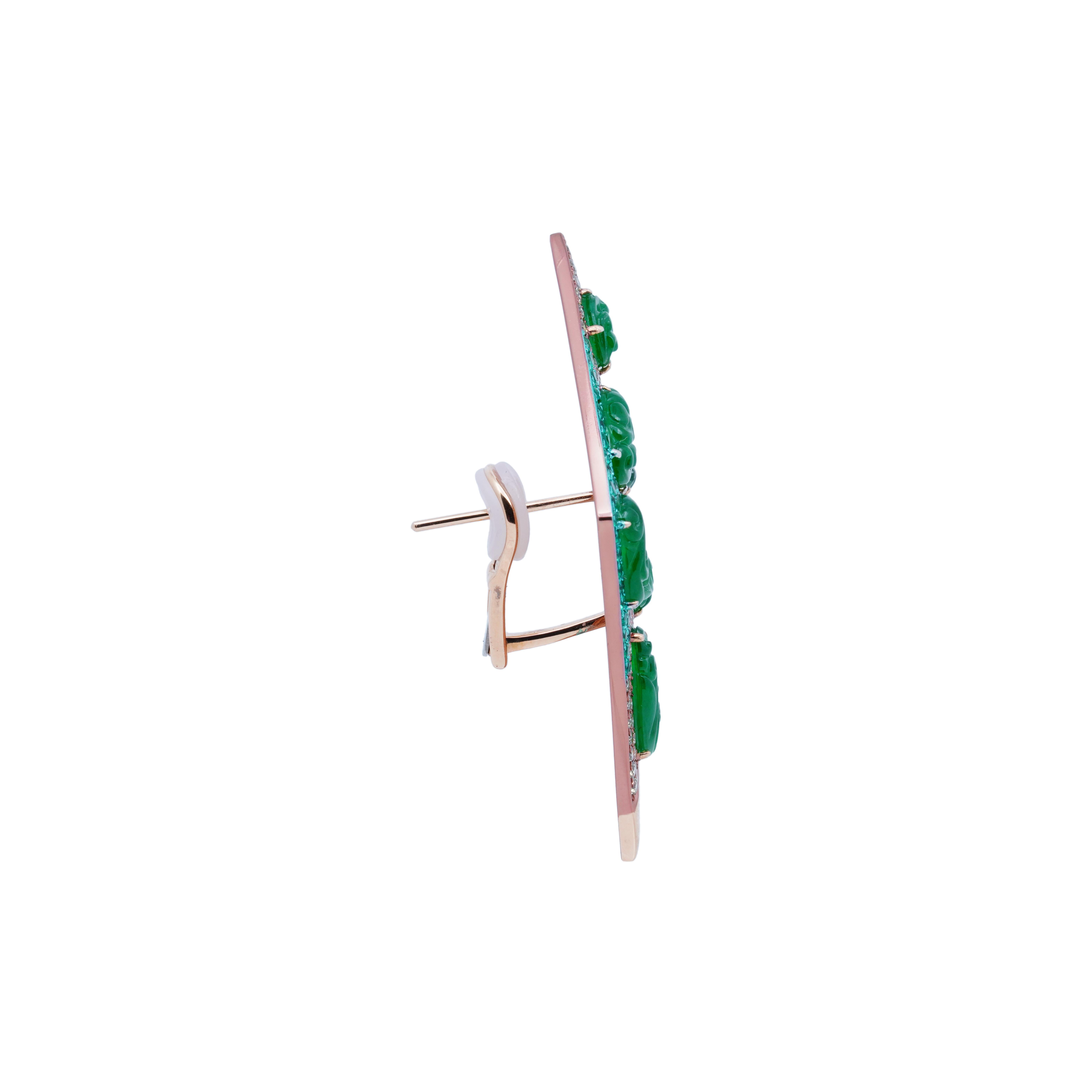 Moderne Boucles d'oreilles éventail en jade vert, émeraude et diamant de couleur fantaisie, or 18 carats, Austy Lee en vente
