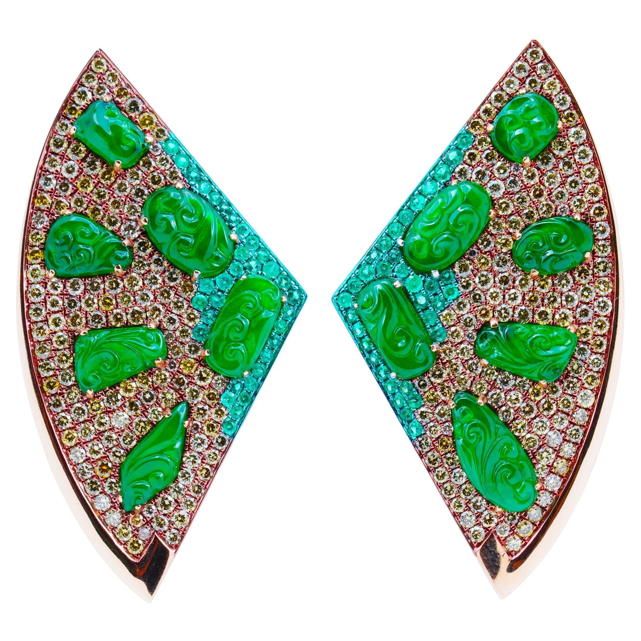 Green Jade & Emerald & Fancy Color Diamond Fan Earrings, 18K Gold, Austy Lee