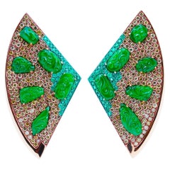 Green Jade & Emerald & Fancy Color Diamond Fan Earrings, 18K Gold, Austy Lee