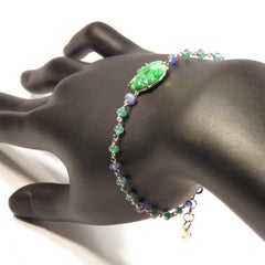 Green Jade Emeralds Sapphires 9 Karat White Gold Bracelet Handcrafted in Italy