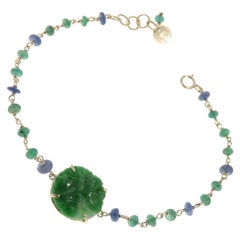 Green Jade Emeralds Sapphires 9 Karat White Gold Bracelet Handcrafted in Italy