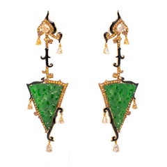Green Jade & Fancy Color Diamond Earrings, 18K Yellow Gold, Austy Lee