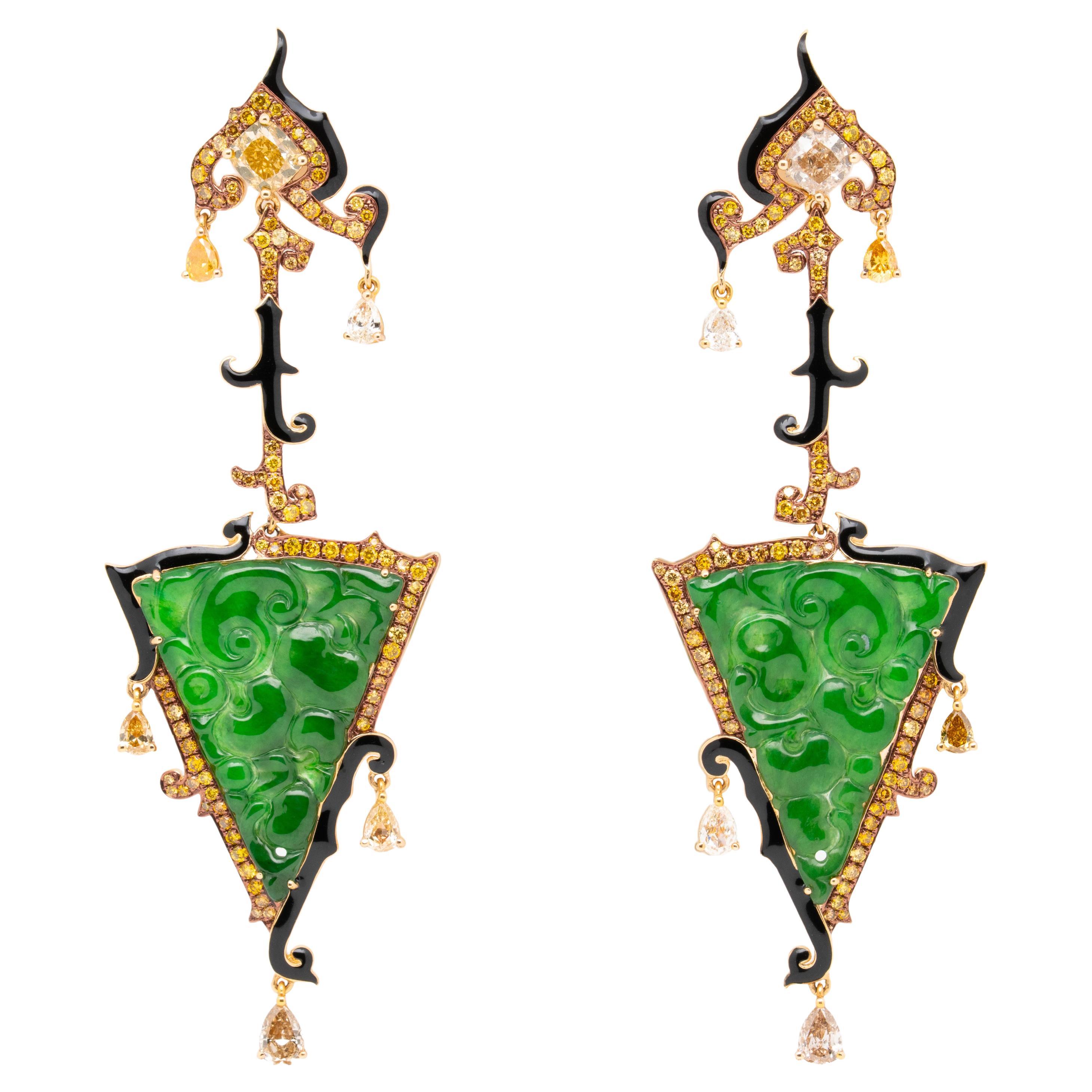 Green Jade & Fancy Color Diamond Earrings, 18K Yellow Gold, Austy Lee