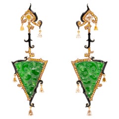 Green Jade & Fancy Color Diamond Earrings, 18K Yellow Gold, Austy Lee